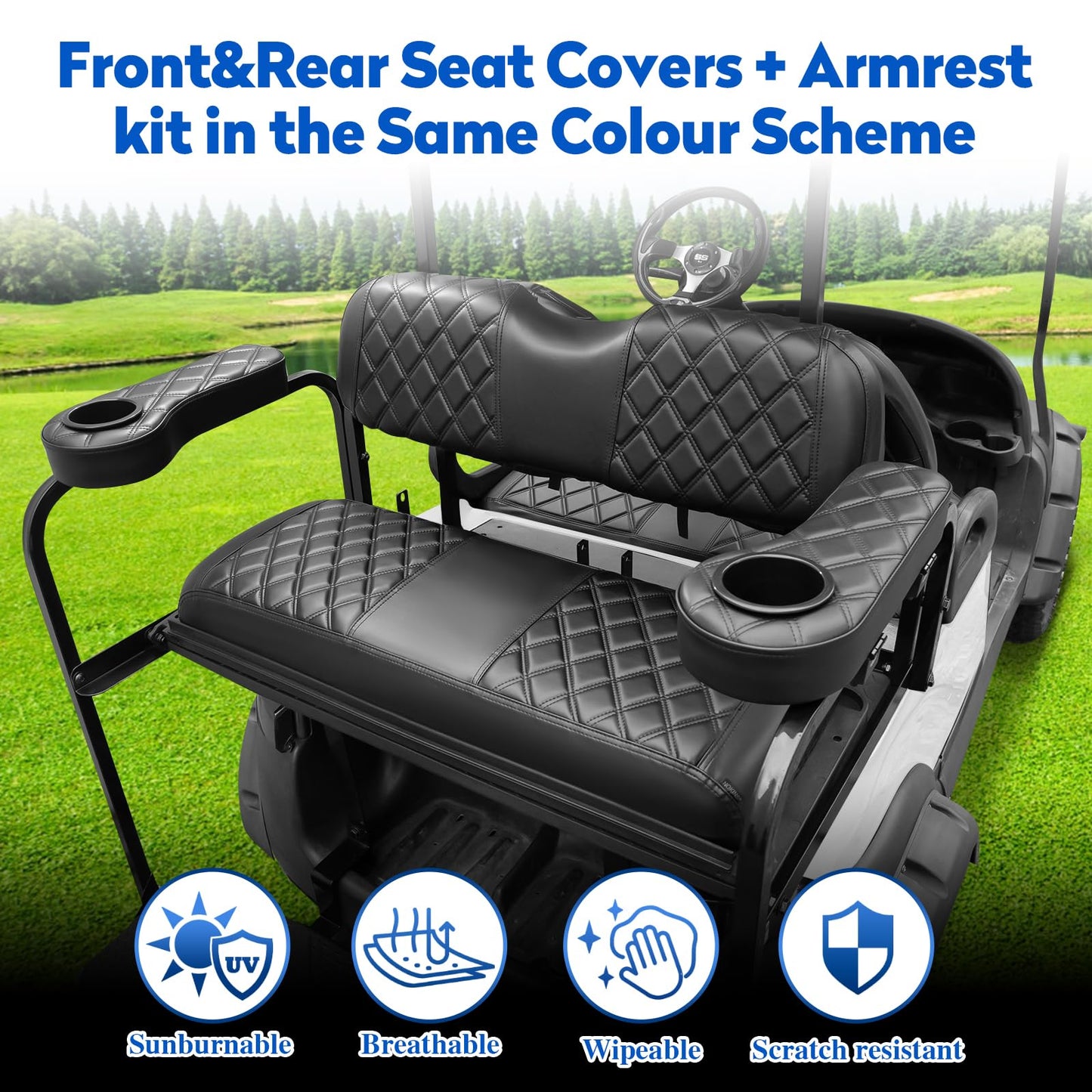 NOKINS Golf Cart Seat Covers for Club Car DS 2000.5-Up,Vinyl Front&Rear Seat Cover with Flip-Up Armrests kit,with Cup Holder, for 1" Square Tube(Black&Black Stitching)