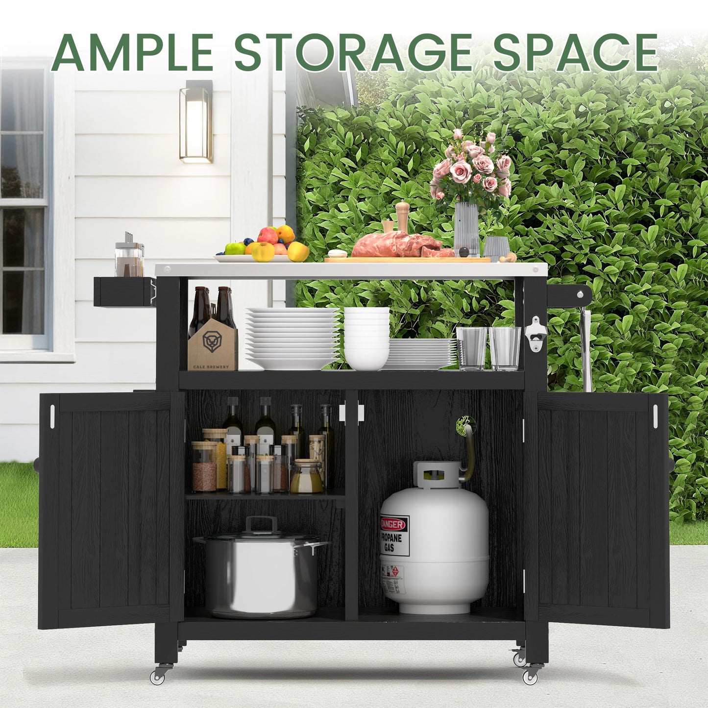 Sunnibety Weatherproof HIPS Outdoor Kitchen Island with Stainless Steel Top & Storage Cabinet, Movable Prep Table with Wheels for BBQ Food Prep, Outdoor Grill Cart for Parties, Black
