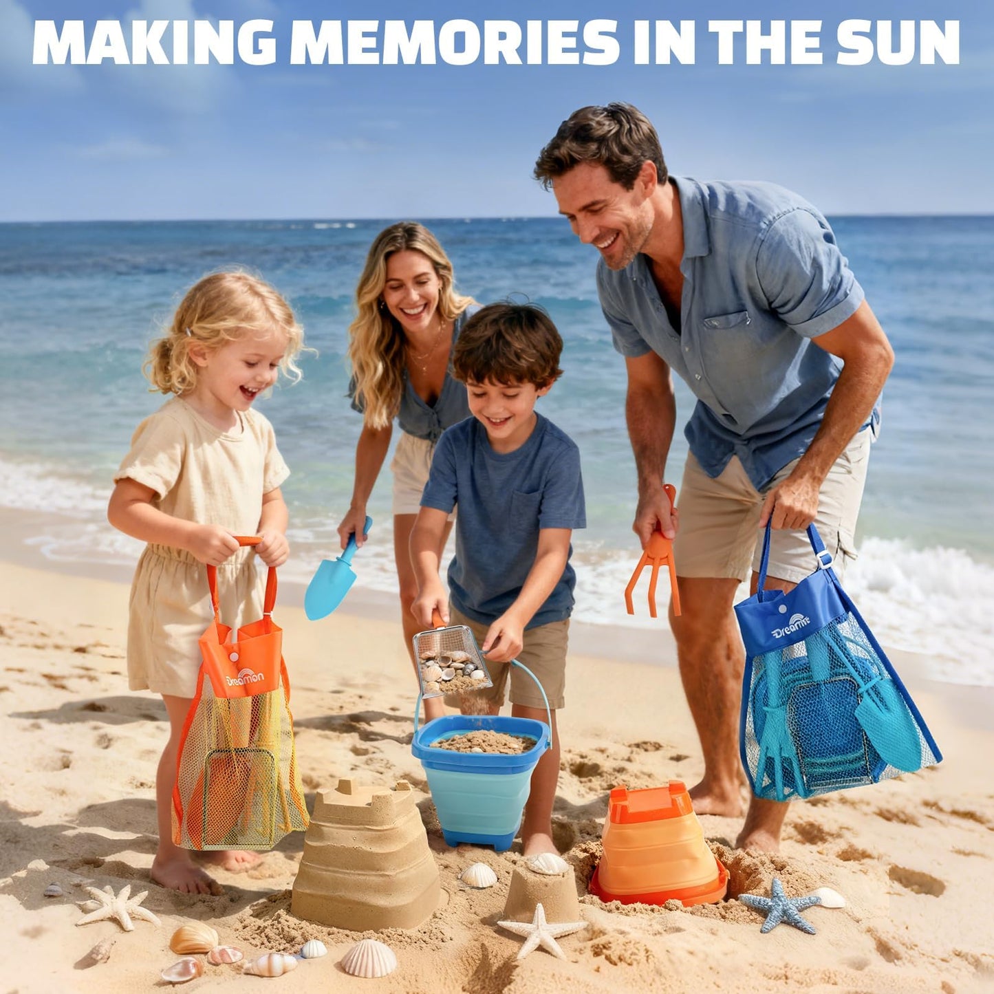 Dreamon Beach Toys, 2 Packs Travel Sand Toys for Kids Ages 4-8 | 10 PCS Sandcastle Building Kit with Collapsible Bucket, Mesh Bag, Sand Sifter, Shovel & Rake, Beach Essentials for Kids