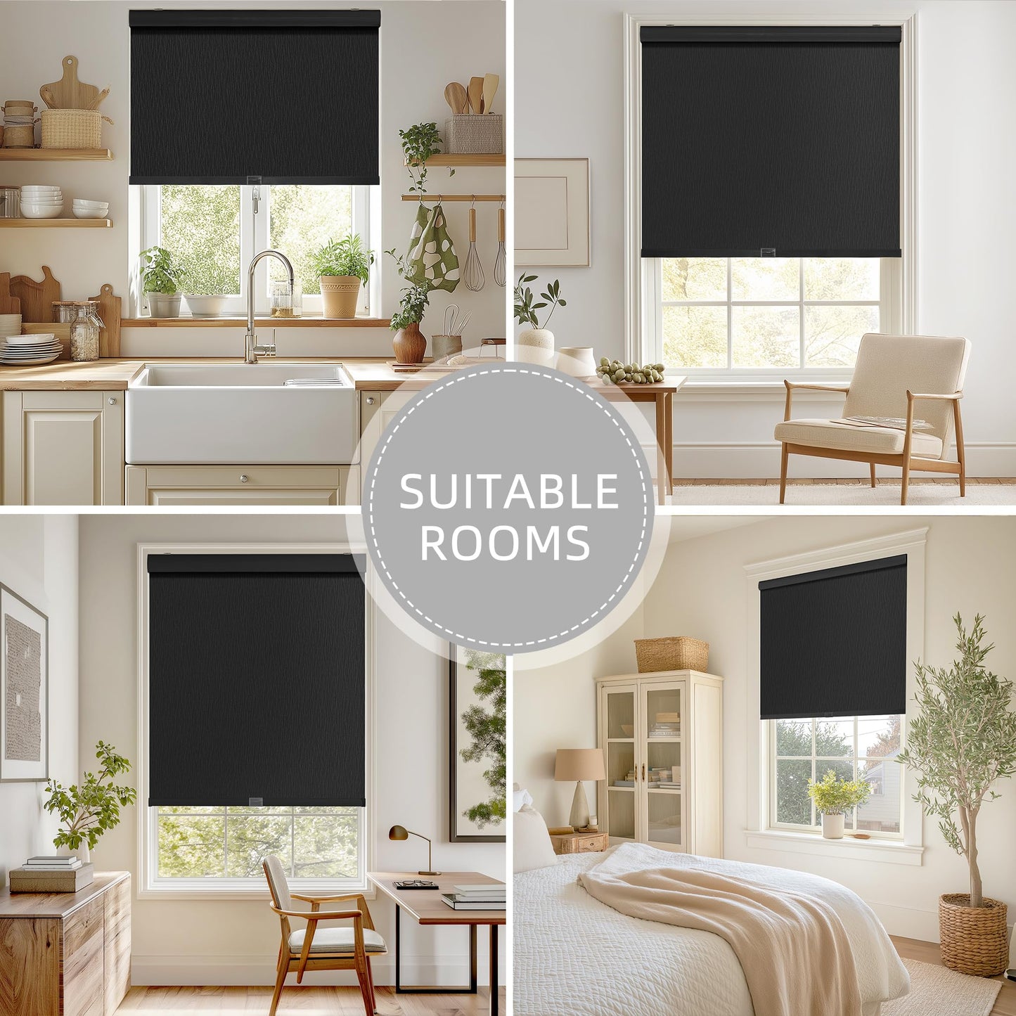 ChrisDowa Cordless Blackout Roller Shades for Windows, Striped Free-Stop Window Blinds with Privacy, Thermal Insulated Window Shades for Home, Office and Door. Black, 20" W x 72" H