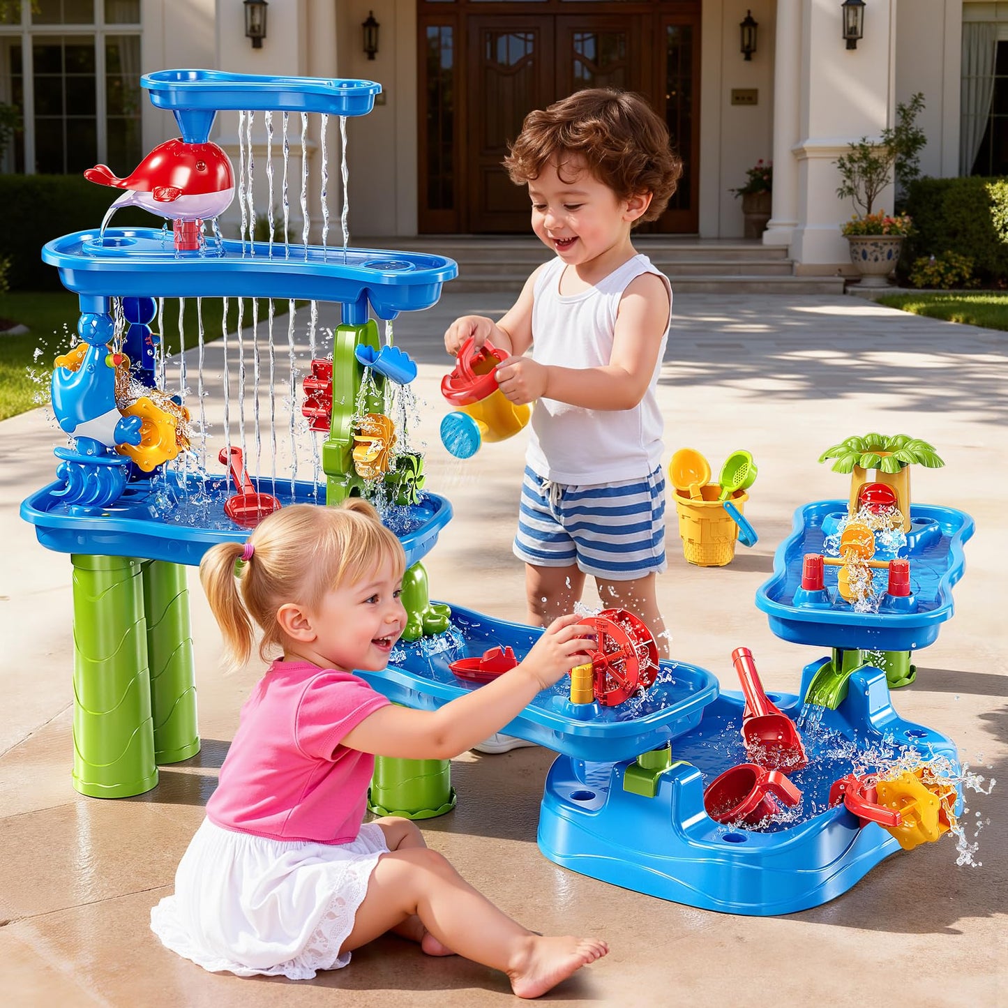 ZDRKWSM 3-Tier 4 Areas Water Table for Kids 3-5, Summer Outdoor Beach Sensory Activity Playset Kids Sand and Water Table Toys, Birthday Gifts for Boys and Girls 3 4 5 6 7 8