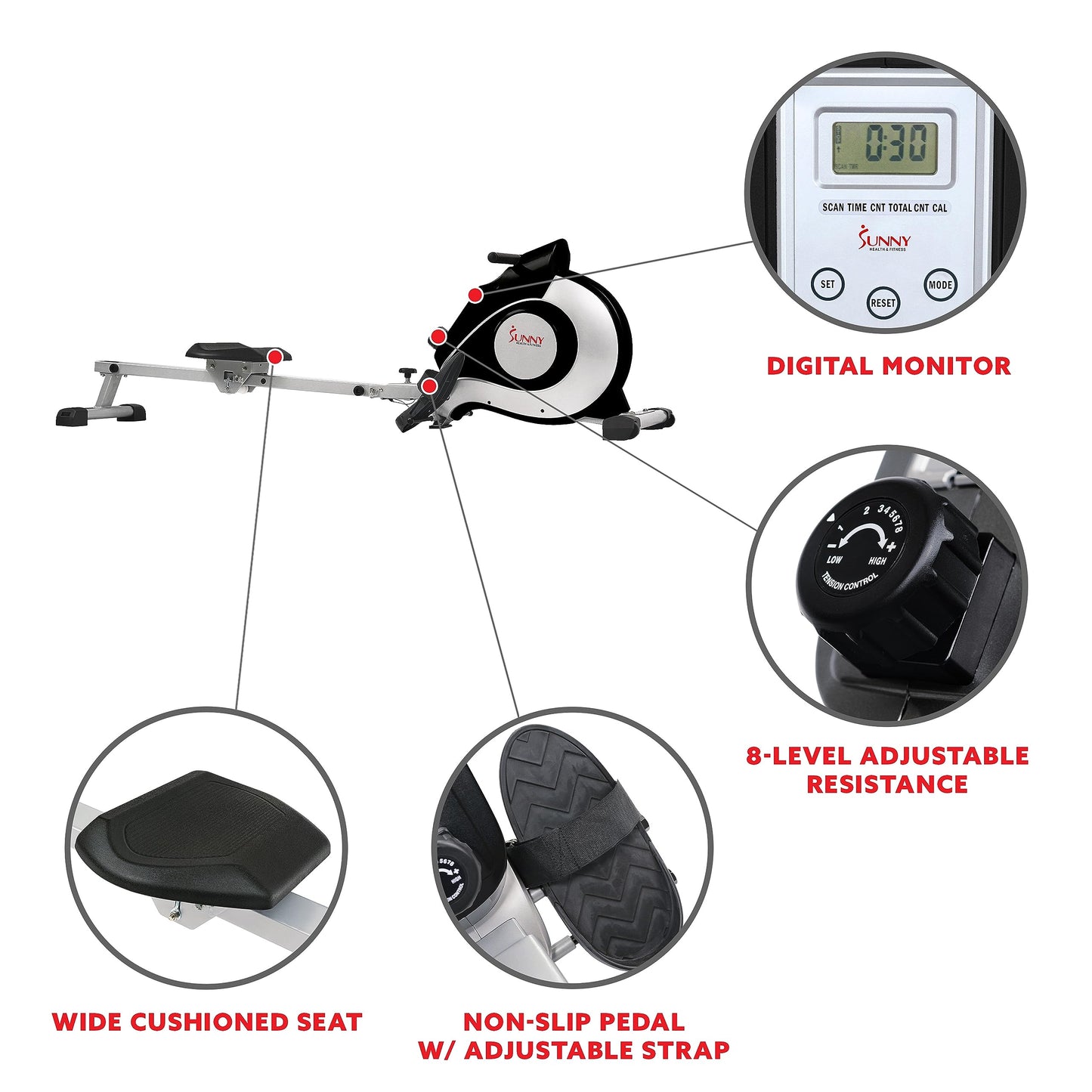 Sunny Health & Fitness Magnetic Rowing Machine Rower with 8-Level Resistance, 53.4" Extended Slide Rail & Digital LCD Display - SF-RW520084S