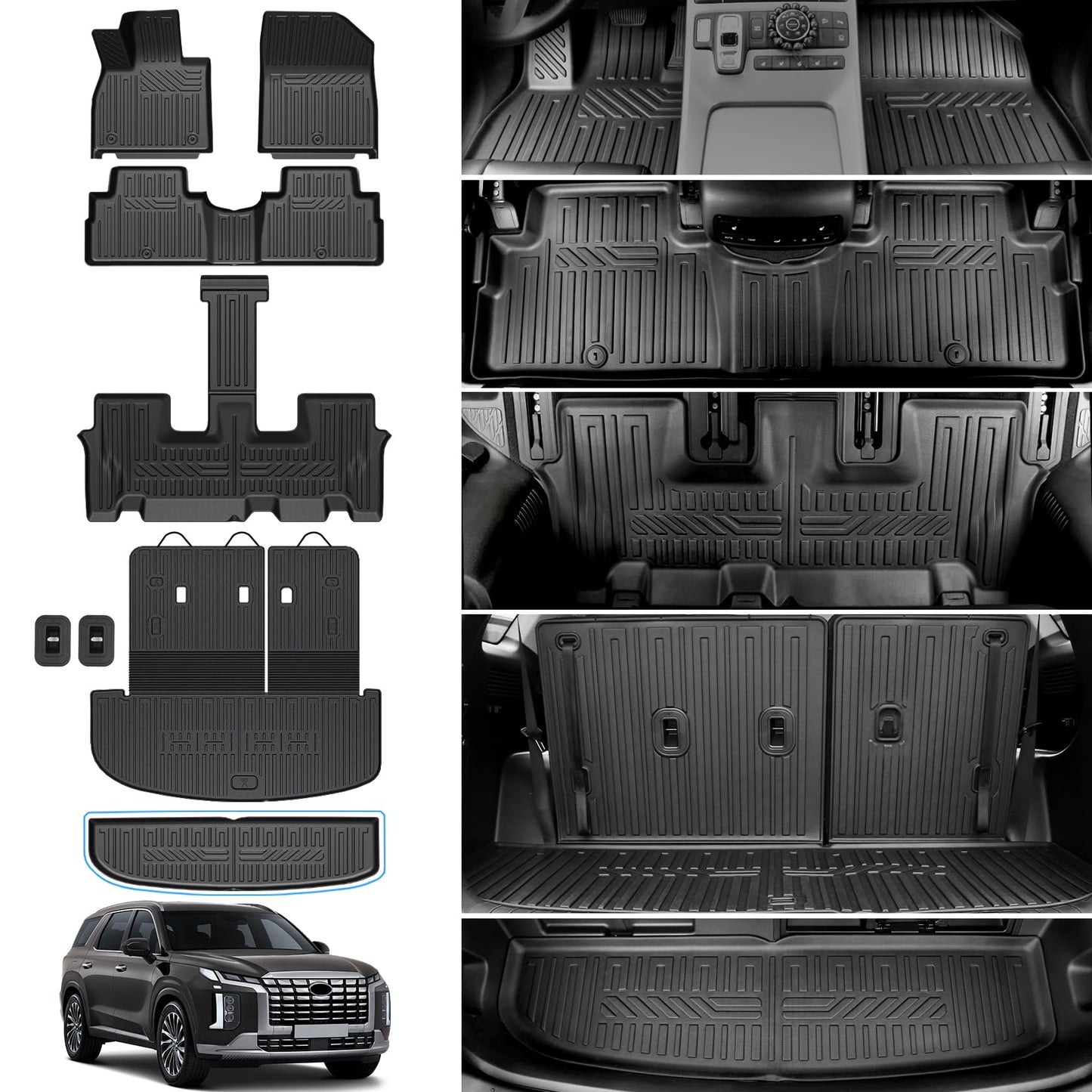 HOUCLEMIC Floor Mats for 2020-2025 Hyundai Palisade 7/8 Passenger, Trunk Mat with Seat Back Cover and Lower Cargo Mat All Weather Interior Protector for 2025 Hyundai Palisade Accessories