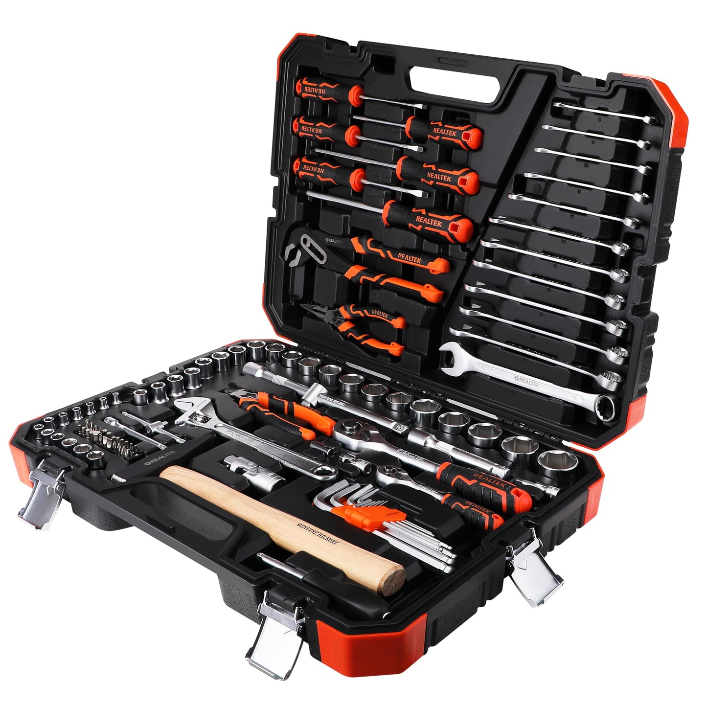 REALTEK 100 Piece Mechanic Tool Set, Car Tool Kit, Cr-V Socket Wrench Auto Repair Kit Includes Socket Accessories, Pliers, Heavy Hammer, Screw Drivers, General Households Tools with Larger Case