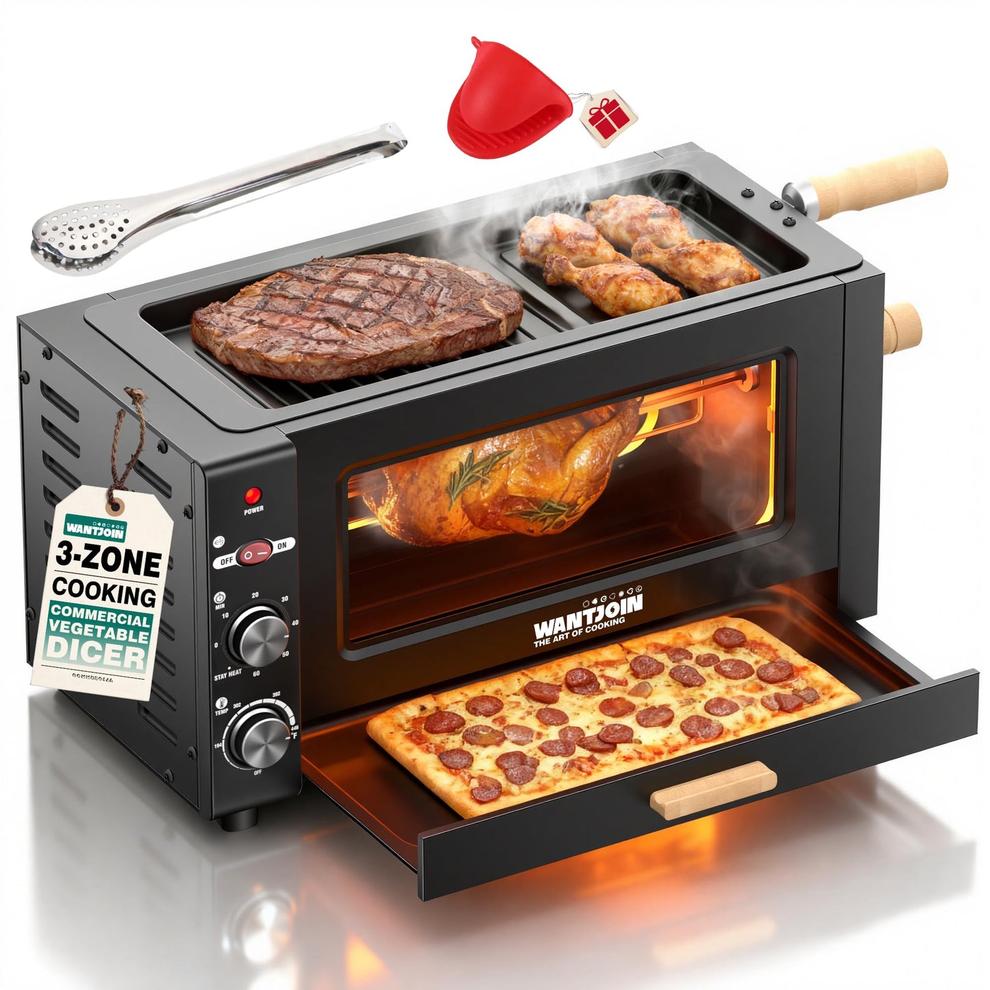 WantJoin Electric Rotisserie Oven - 26QT 3-Layer 3-in-1 Rotisserie Oven For Simultaneous Cooking, 360°Auto-Rotate Heating, Visible Glass Door, Rotisserie Cooker for Home Kitchen & Party Use 1800W