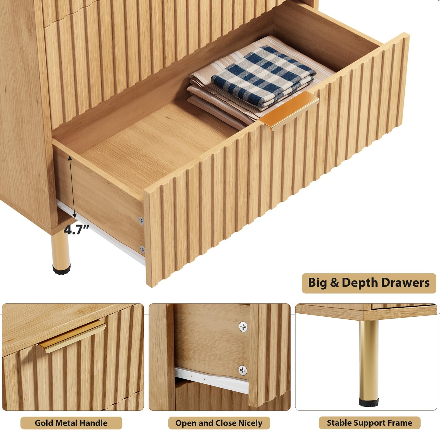 GarveeHome 5 Drawer Dresser for Bedroom, 48 in Tall Modern Chest of Drawers with Deep Drawers and Wide Top, Fluted Wooden Dresser Organizer for Living Room, Hallway, Kids Room, Natural