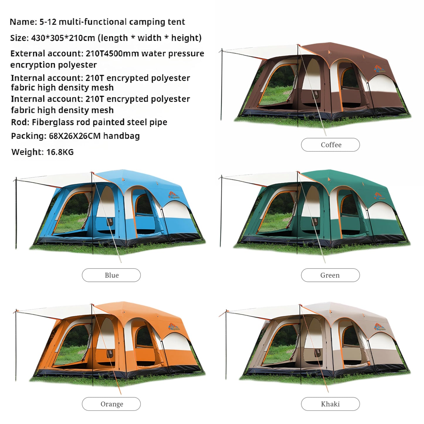 TGpao Large Family Camping Tent, 4-6 Person Multi-Room Waterproof Tent with Screened Porch,Glamping Tent for Camping with Lightning Protection (Coffee,4-6 People)