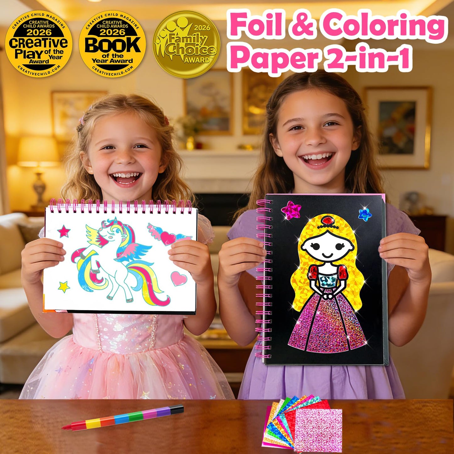FUNNYB&G Foil Art Craft Kit for Girls 4-10 Years Old: Mess-Free & No-Glue, Create 16 Sparkly Princess Unicorn Pictures – Perfect Travel Toy & Birthday Gift for Kids (Princess)