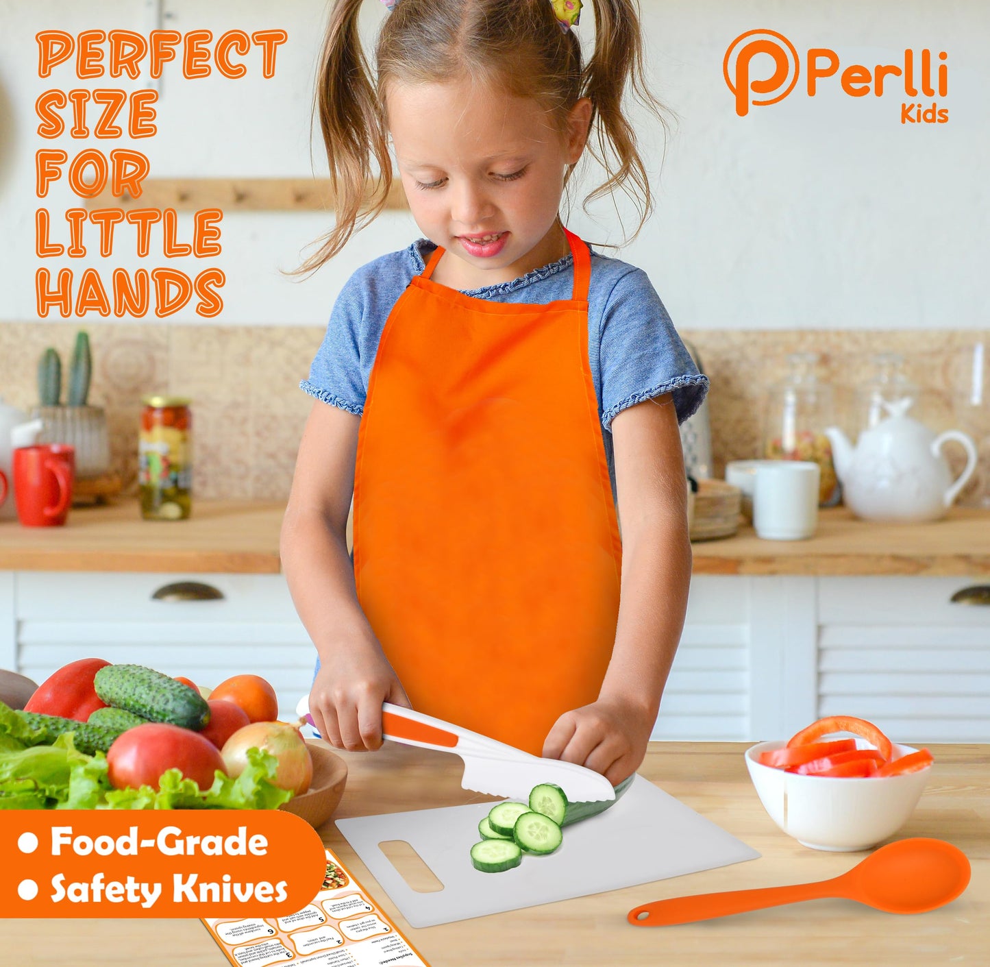 PERLLI Kids Real Cooking Set for Cooking and Baking – 31 Pc. Gift for Junior Chef with Real Utensils, Case & Safe Kids Knife Set for Boys & Girls – Fine Motor Skills & Fun for Children Ages 6+, Orange