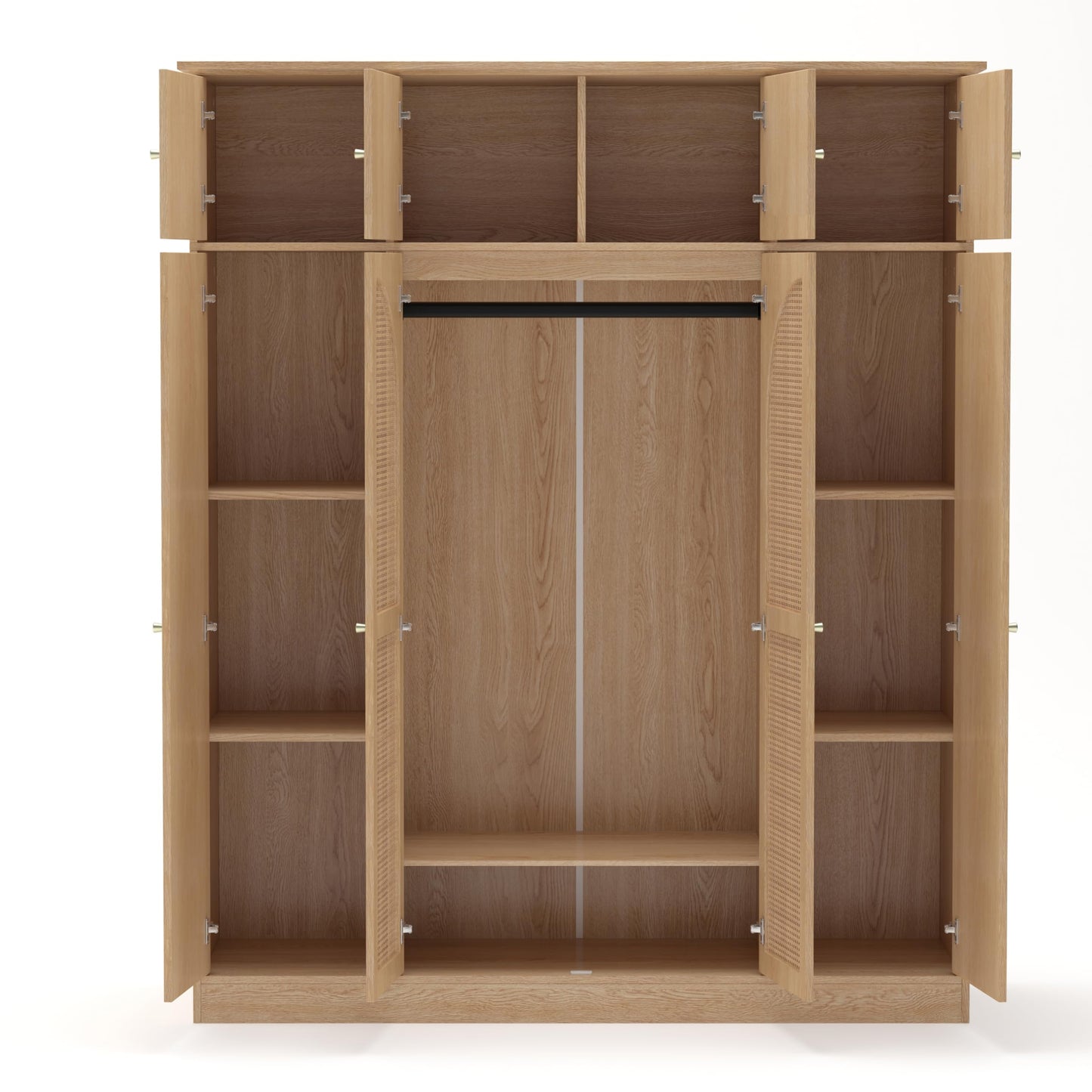 KEIKI Large 8 Doors Wood Wardrobe, Bedroom Tall Armoire Closet Organizer w/Rattan Decorative, Hanging Rails & Adjustable Shelves Clothes Storage Cabinet for Garage & Laundry Room, Brown