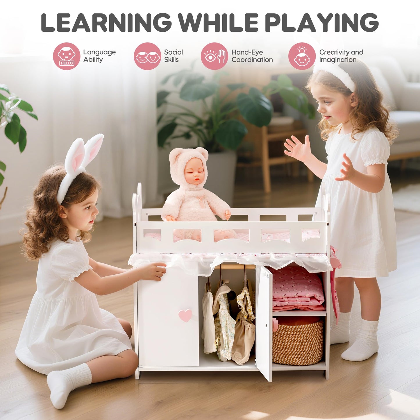 ROBUD Baby Doll Crib, Wooden Doll Bed, Baby Crib Toy with Storage, Bedding, Storage Bag and 3 Hooks, 18-21 inch Doll Accessories, Girl Doll Furniture Ages 3+ (White)