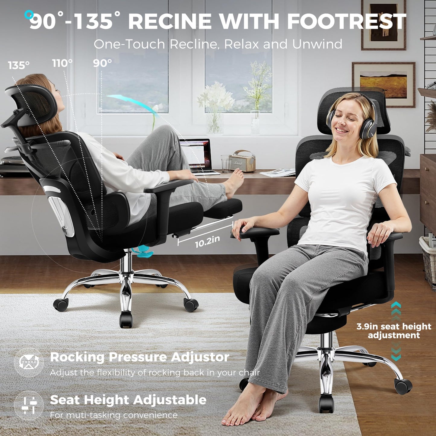 TECHREST Ergonomic Office Chair with Footrest, Big and Tall Home Desk Chair, High Back Rolling Computer Chair with 3D Arms and Lumbar Support, Comfortable Gaming Chair, Swivel Mesh Chairs, Black