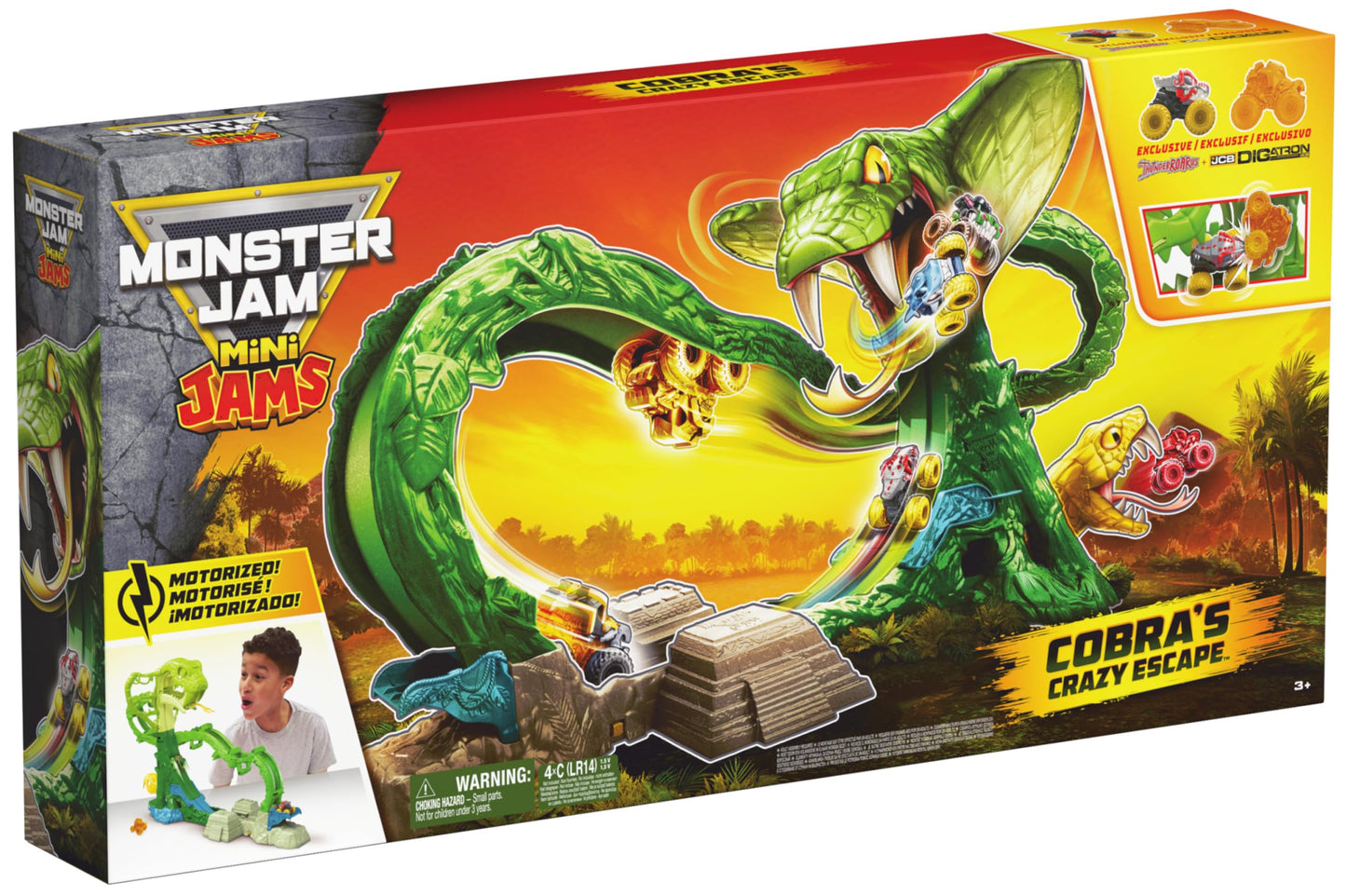 Monster Jam Mini Jams, Cobra’s Crazy Escape 28” Motorized Playset, 2 Exclusive Die-Cast ThunderROARus and JCB Digatron Monster Trucks, Kids Toys for Boy and Girls Ages 3 and up