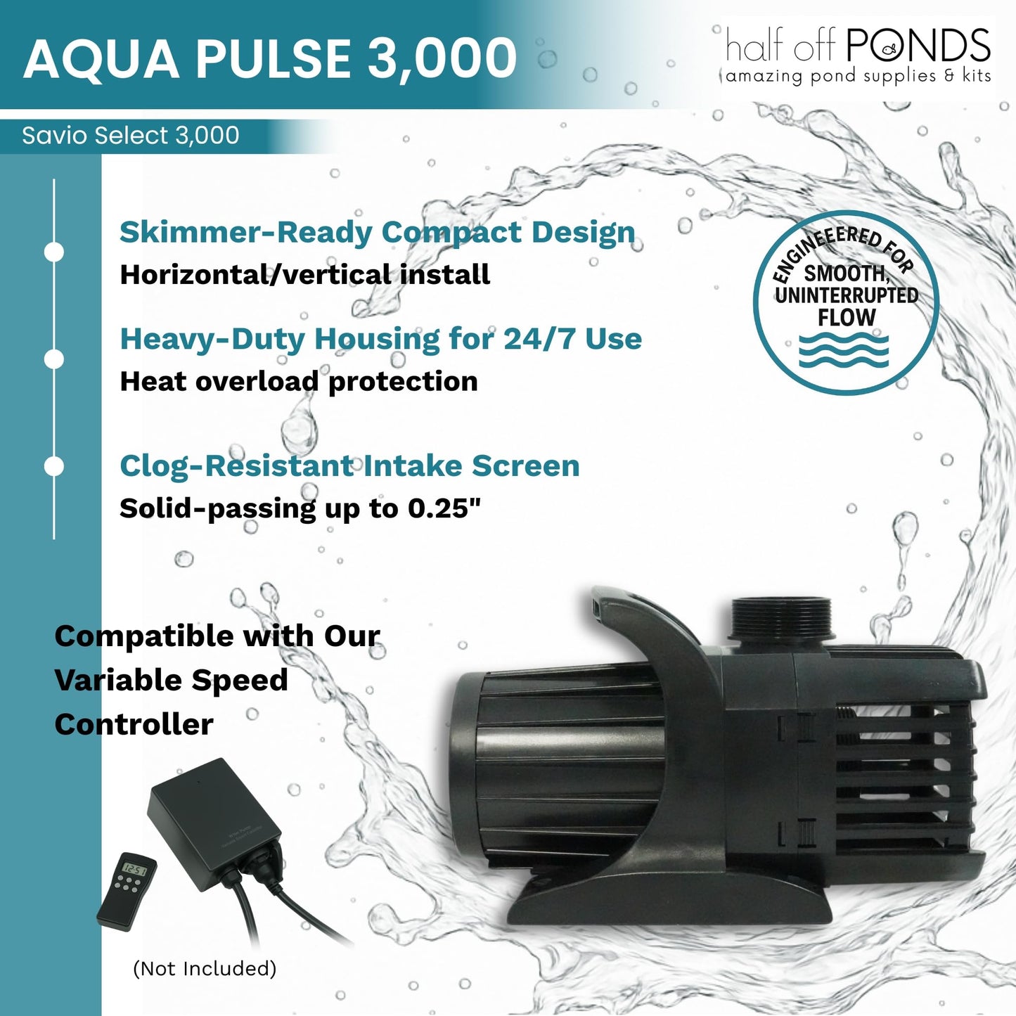 HALF OFF PONDS Savio Select 3,000 GPH Submersible Pump Pond Kit with 20' x 25' EPDM Rubber Pond Liner for Water Garden & Koi Pond