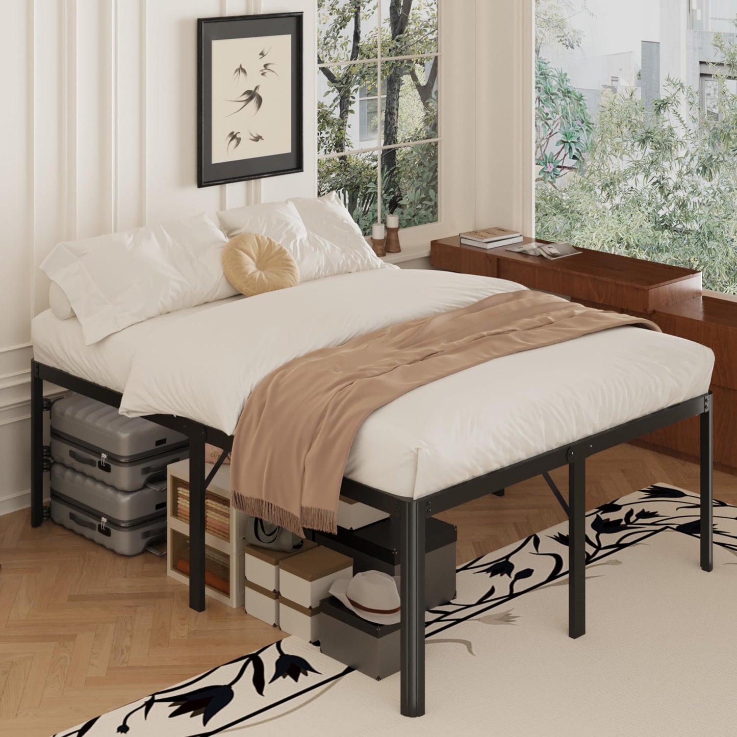 Yicensen 24 Inch High Queen Bed Frame Rounded Corner No Box Spring Needed, Heavy Duty Metal Queen Size Platform Bed Frame, Easy Assembly, Noise Free, Black
