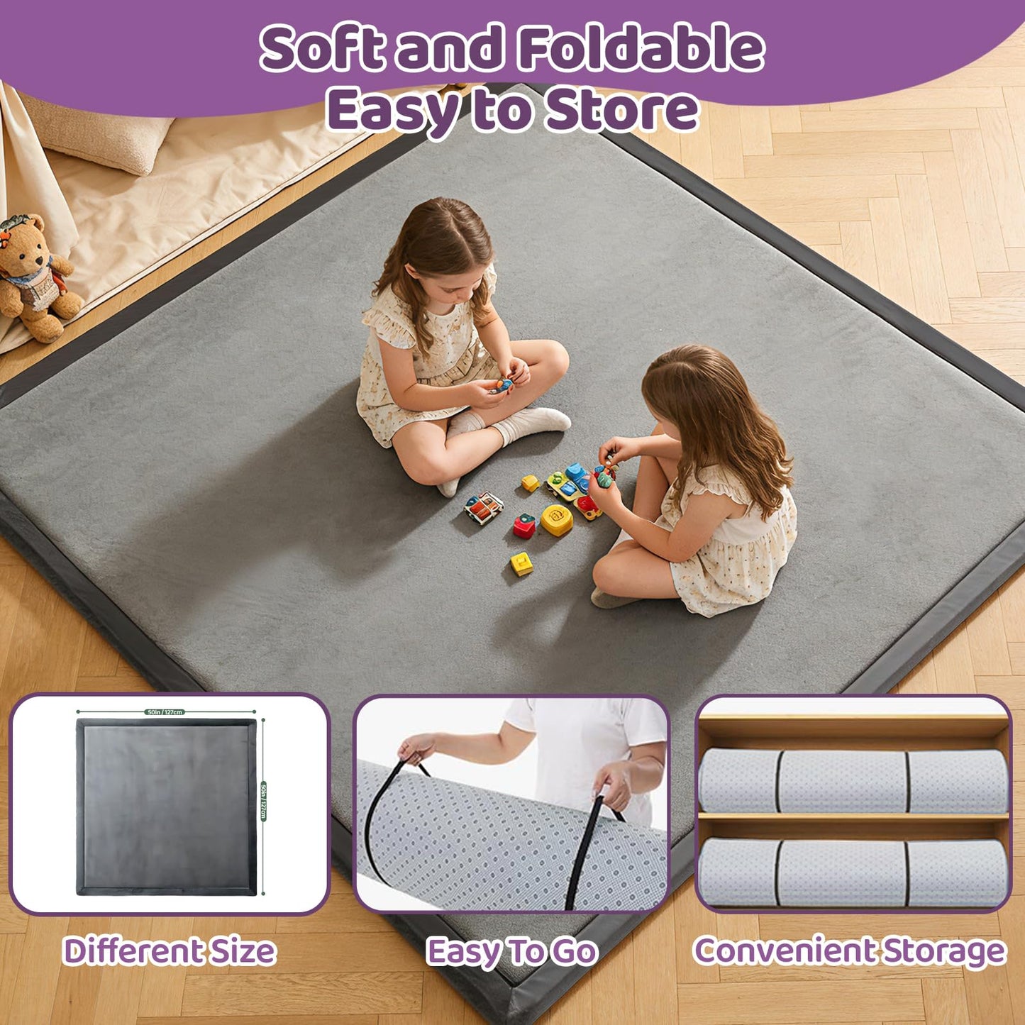 TreeBud Baby Play Mat for Floor, 1.3 Inch Thick Memory Foam Tummy Time Mat with Non Slip Backing, Soft Coral Velvet 59X79 Inch Playpen Mat Crawling Tatami for Infants Toddlers Kids, Dark Gray