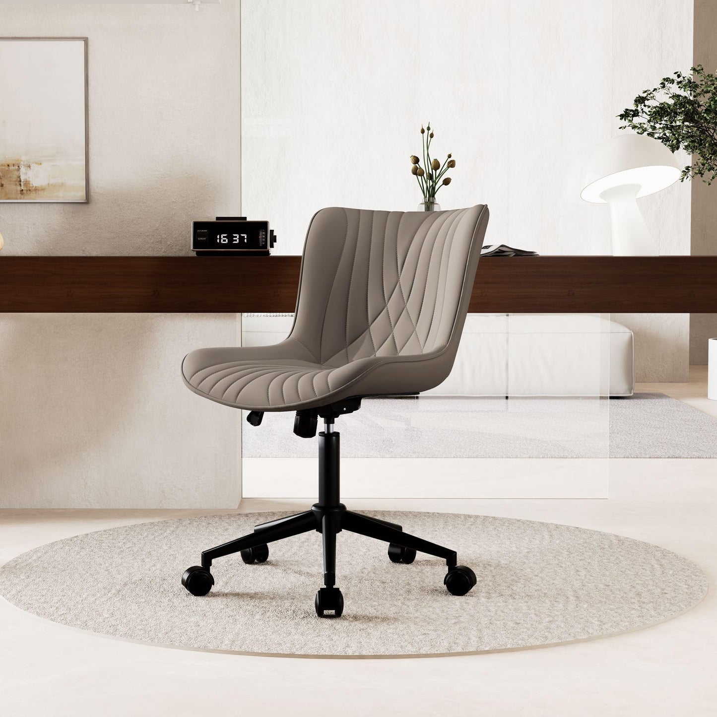 YOUNIKE Office Chair, Desk Chair with Wheels, Home Office Computer Task Chairs, Modern Faux Leather Padded Vanity Chair, Adjustable Swivel Armless Office Chairs with Back, Khaki