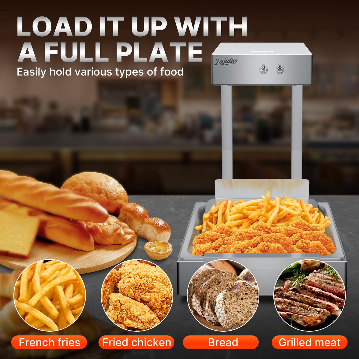 Fajiduo French Fry Food Warmer, 750W Electric Stainless Steel Warming Light Dump Station, 5.5QT Commercial Food Heating Lamp, Countertop Fries Food Warmer for Parties Kitchen Restaurant Buffe(Silver)