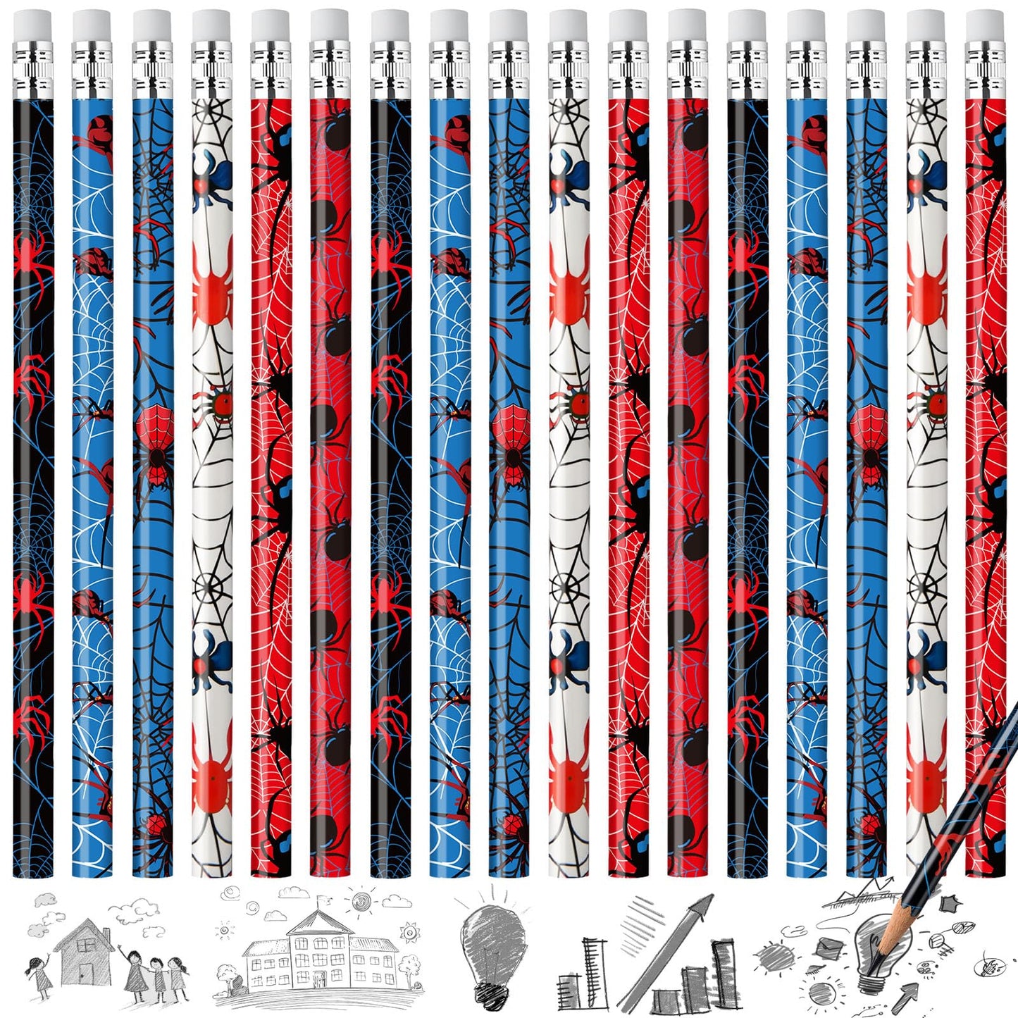 Resurhang 200 Pcs Wooden Pencil with Eraser for Kids Spider Pencils Bulk Novelty Kids Fun School Supplies Back to School Supplies for Kid Student Teacher Classroom Reward