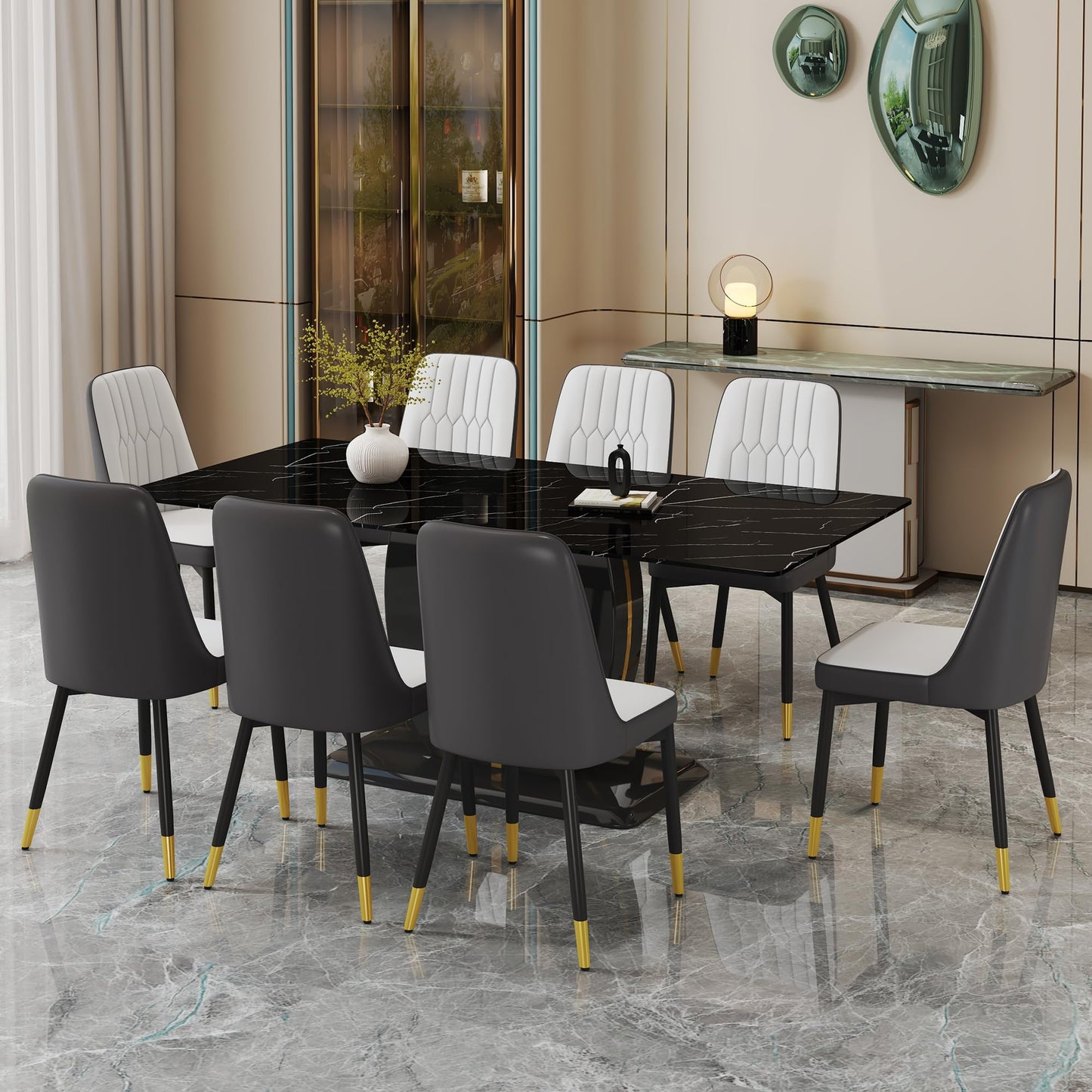 JUFU Dining Table Set for 8 with Chairs, 71'' Black Rectangular Marble Dining Room Table for 8 with 007 White and Gray PU Leather Chairs, Modern Dining Table for 8-10 eople, Ideal for Dining Room
