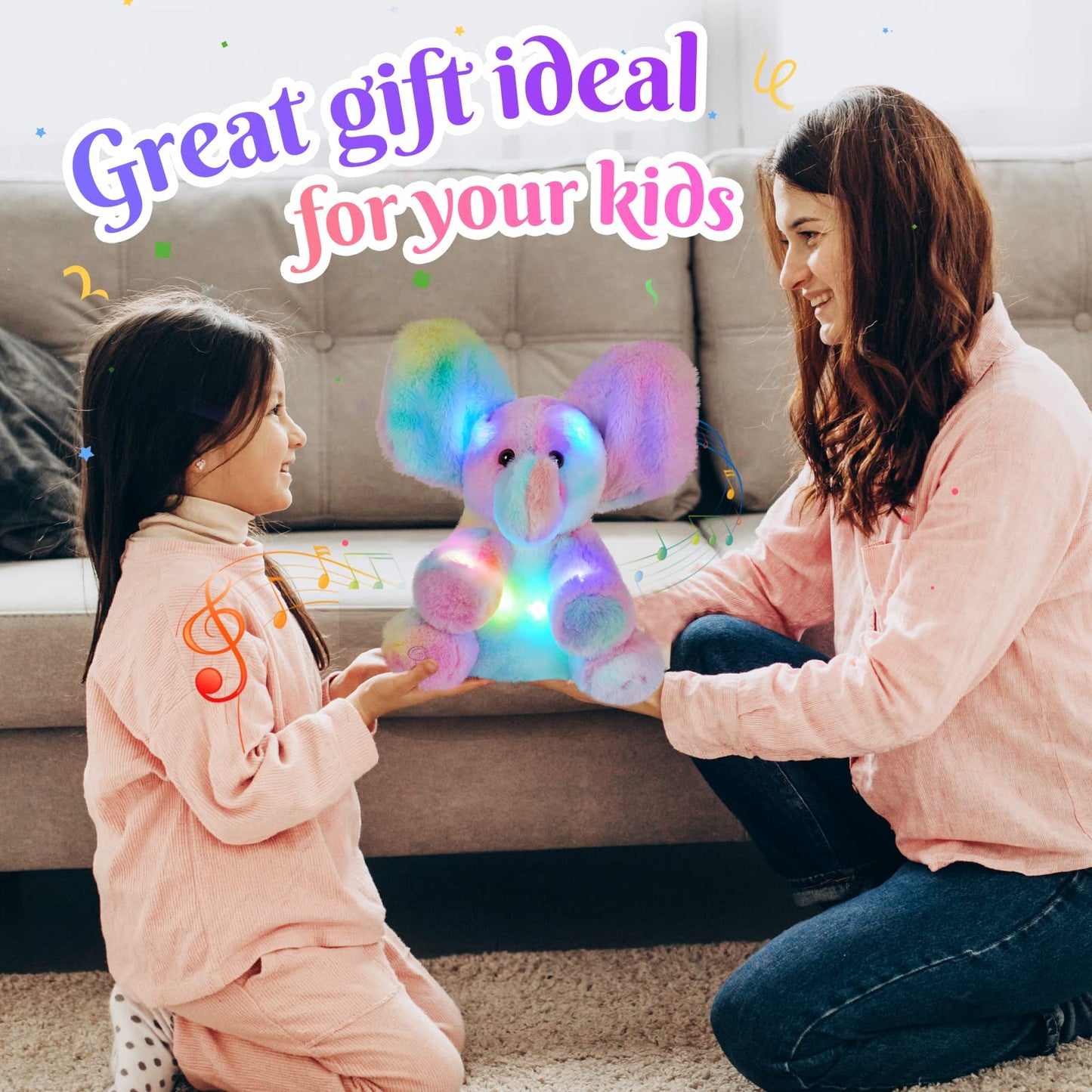 Glow Guards 12'' Light up Peek-a-Boo Elephant Stuffed Animal Musical Rainbow Elephant Singing Stuffed Animal Electric Interactive Toys Christmas Holiday Birthday Gifts for Toddler Kids