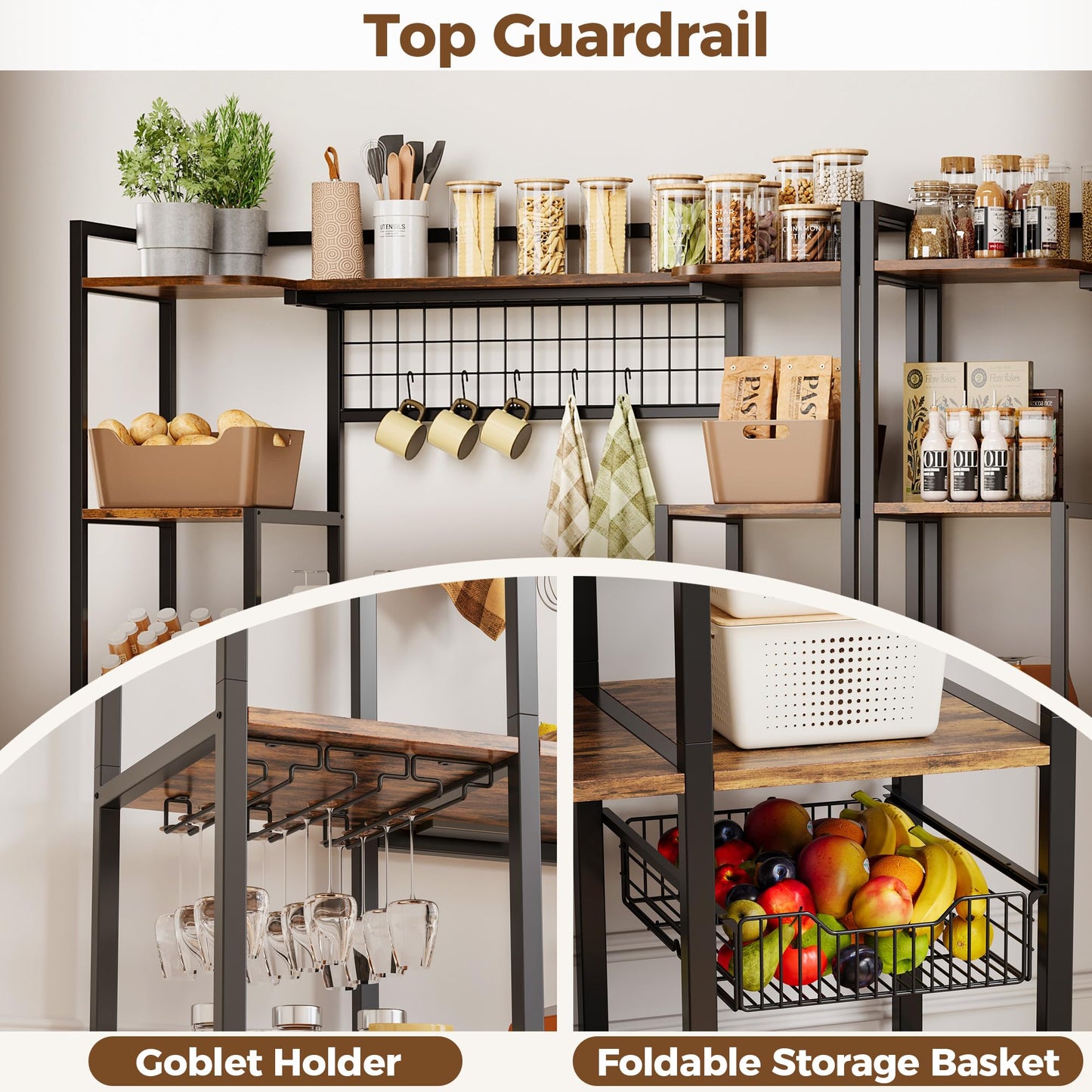 IRONCK Bakers Rack with Power Outlet, 54.7 Inch Coffee Bar Cabinet, Kitchen Bakers Rack with Storage, Microwave Stand with Shelves, Globlet Holder and 5 Hooks, Vintage Brown