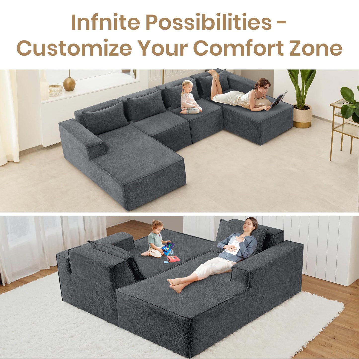 VIKAYAMICS 140" Modular Sectional Sofa, U-Shaped Cloud Couch with Extra Long Chaise Lounge, Oversized Chenille Boneless Sofa Set for Living Room, Comfy Floor Seating, No Assembly Required