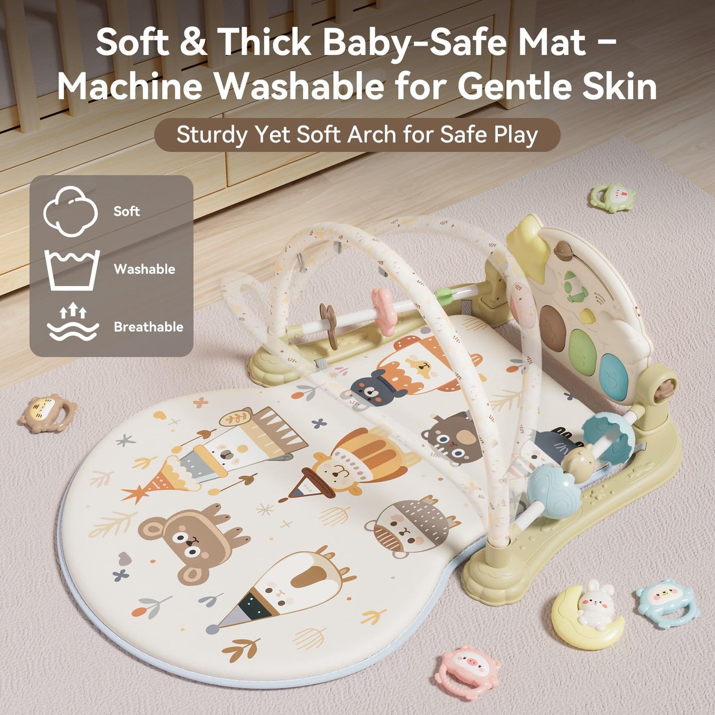 YOULEBITOYS Baby Play Gym Mat - Funny Play Piano Activity Playmat with 5 Infant Learning Detachable Toys for Sensory Development, Music and Lights Tummy Time Mat Newborns Gifts for 0-12 Months
