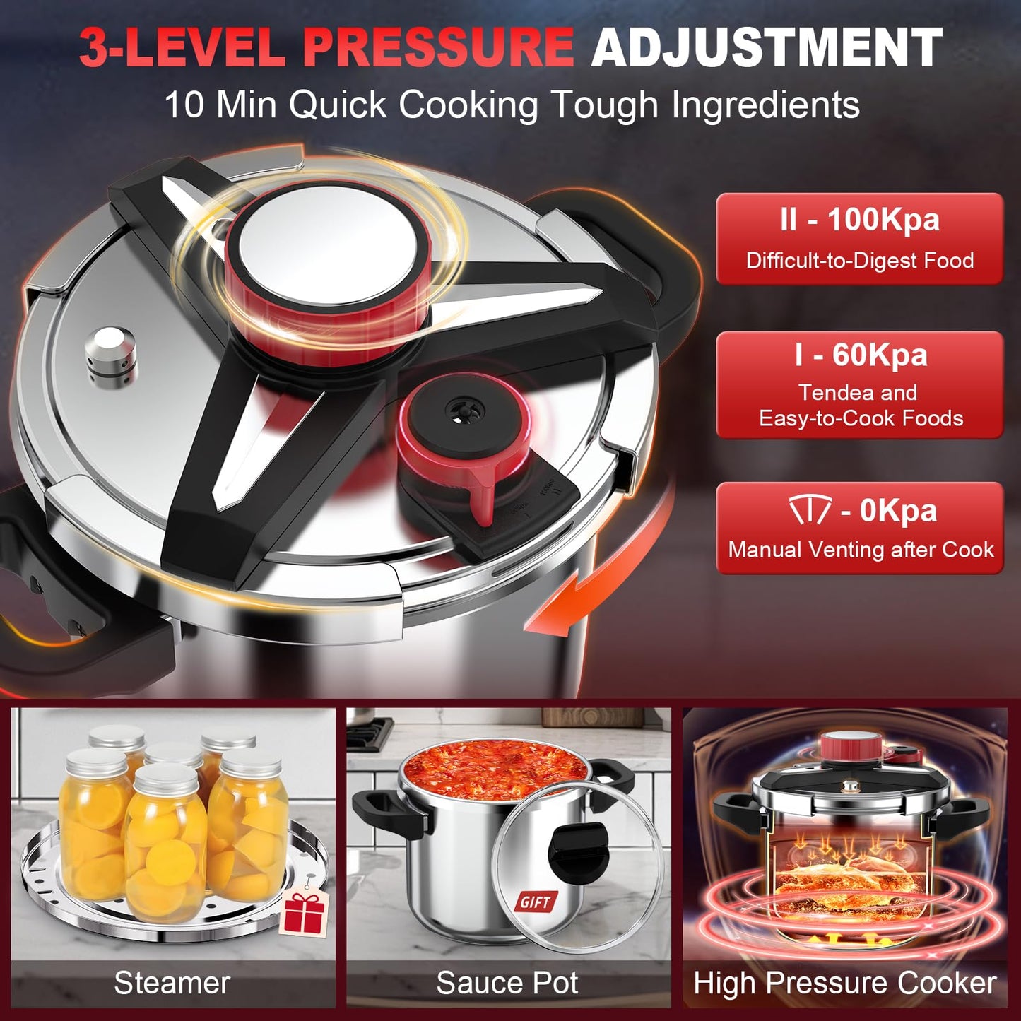 18/8 Stainless Steel Pressure Cooker 10 Quart, [One-Hand Locking] Pressure Cooker, [3-In-1] Olla de Presion, Induction Compatible, Gas Stovetop Compatible,Steamer Rack & Includes Glass Lid