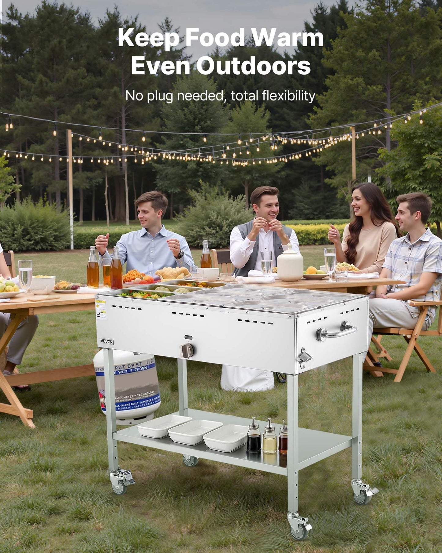VEVOR 9-Pan Commercial Propane Steam Table, LP Gas Outdoor Soup Warmer with Drain Valve and 3" Wheels, Stainless Steel Propane Food Warmer with Adjustable Temperature, for Restaurant Outdoor Camping