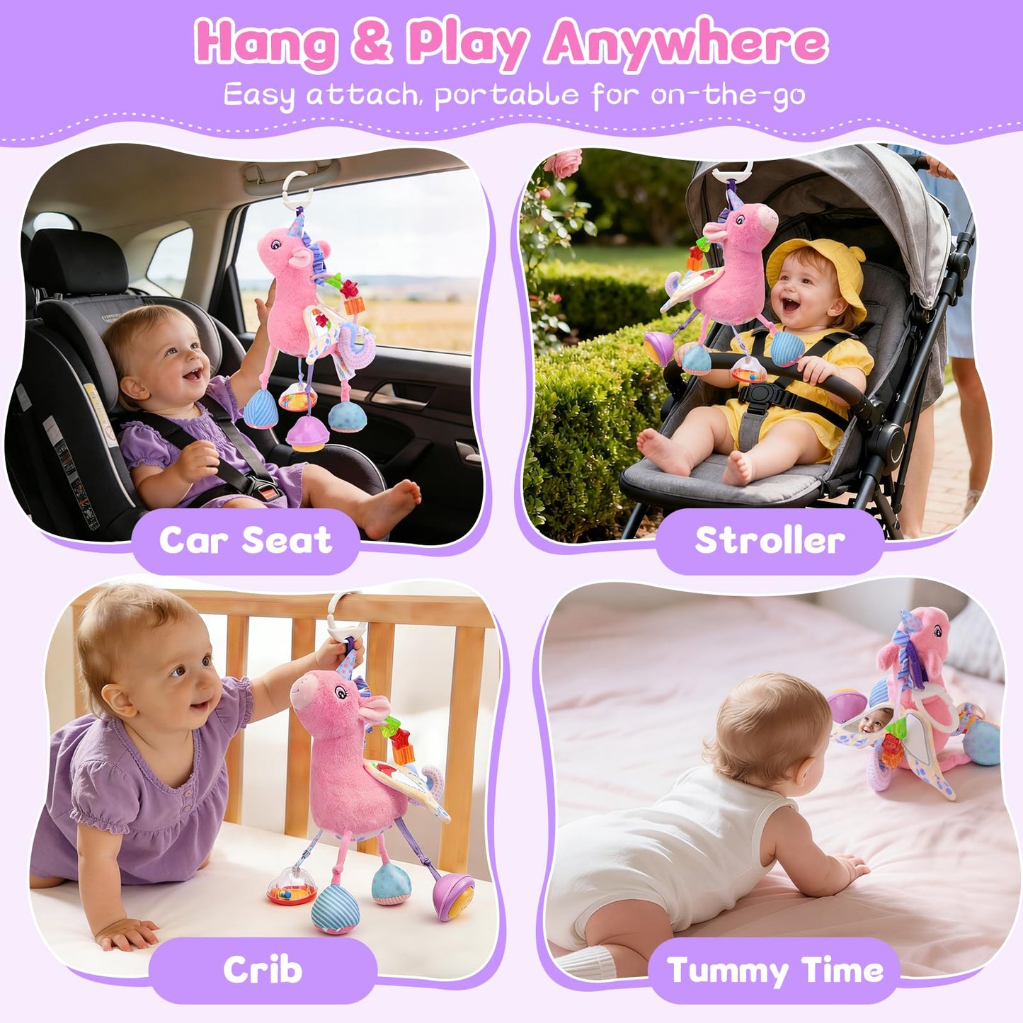 MPQMPQ Car Seat & Stroller Toy for Girl - Musical Sensory Plush with Rattle & Mirror Baby Toys 0-12 Months Hanging Travel Carseat Toys Soft Squeaky Stuffed Animal Unicorn for Babies Gifts