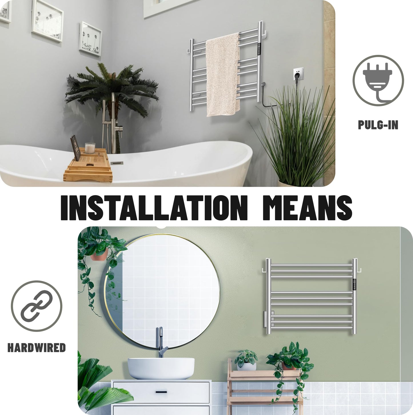 K&KALONZO Towel Warmer for Bathroom, Wall-Mounted 9-Bar Heated Towel Rack with Built-in Timer, Waterproof Electric Towel Heater, Support Plug-in and Hardwired, Brushed, EL13S