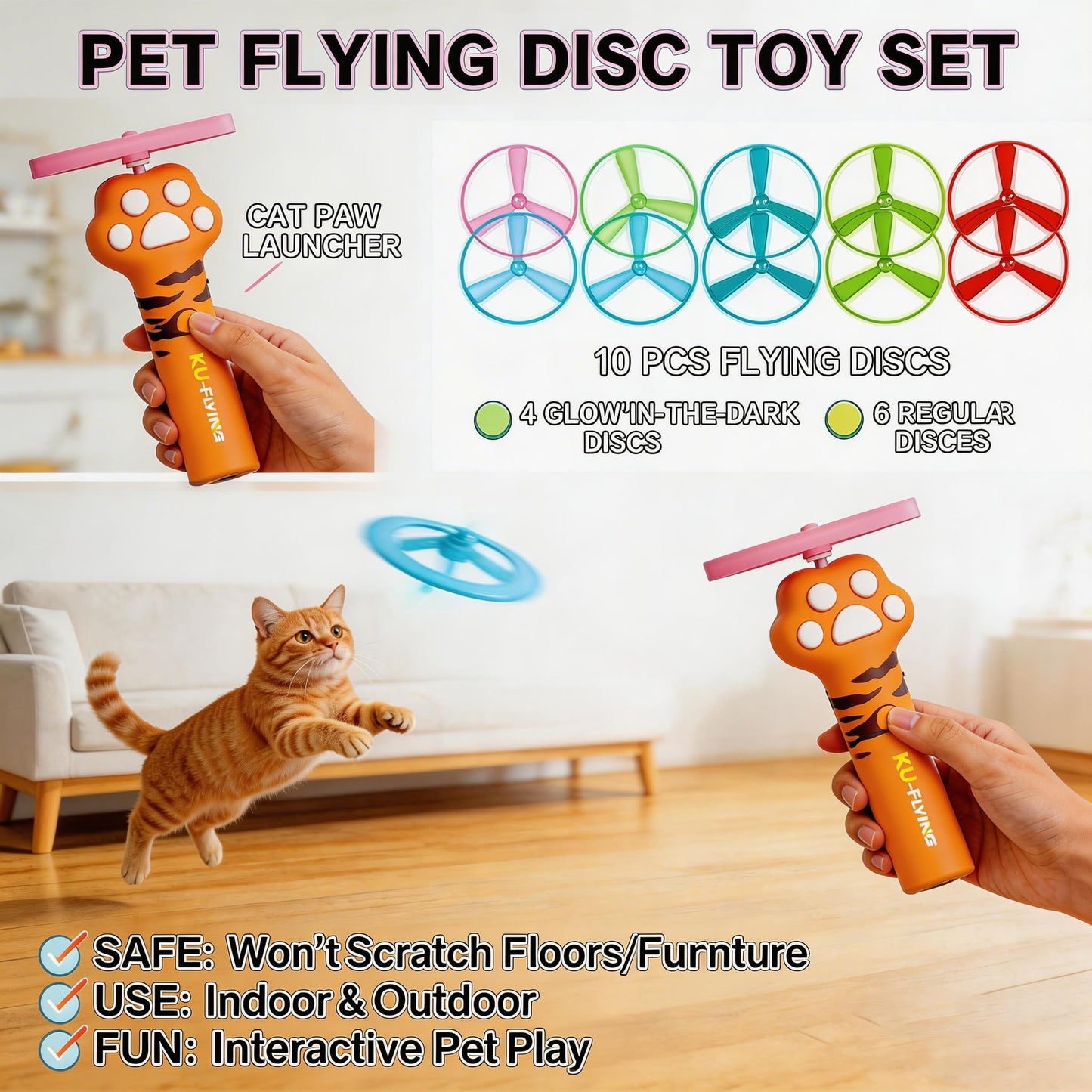 Cat Fetch Toy Launcher,Flying Disc Launcher Toy Rechargeable with 10 Flying Discs,Flying Cat Toy Disc Launcher for Kitten Dog Playing Interactive Hunting Tracking Toys for Outdoor Indoor,Orange