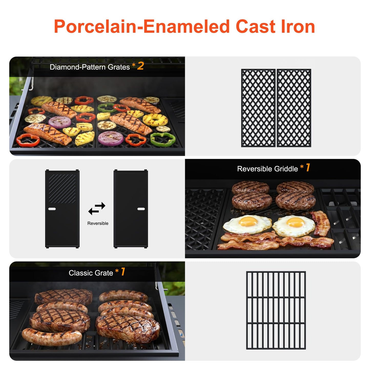 Brand-Man 6-Burner Propane Gas Grill with Infrared Sear Side Burner, Porcelain-Enameled Cast Iron Diamond-Pattern Grates & Griddle, BBQ Station with Storage Cabinet and Side Table for Barbecue