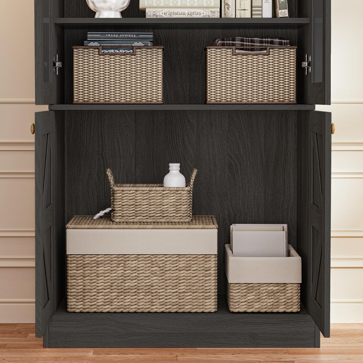 Myricore 71" Tall Farmhouse Kitchen Pantry, Large Storage Cabinet with Glass Doors, Adjustable Shelves, 3 Drawer, Wood Versatile Hutch Cabinet for Dining Room, Living Room, Black 3 Pcs