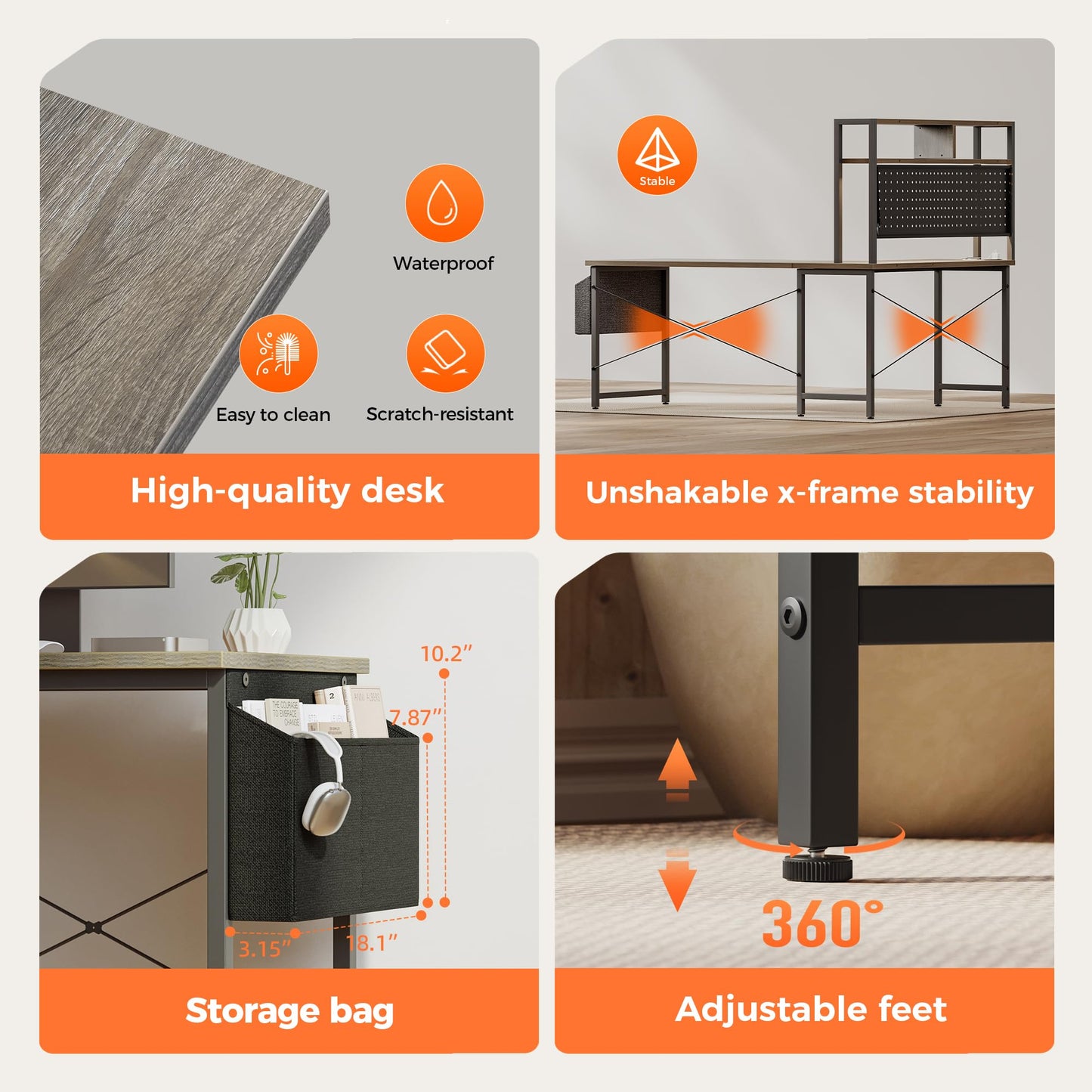 Mericonia 59 inch Large L Shaped Desk with Pegboard Hutch & Shelves, Corner Gaming Desk with Power Outlet, LED Light & Storage Bag, Reversible Computer Desk for Home, Bedroom, Office Workspace, Grey