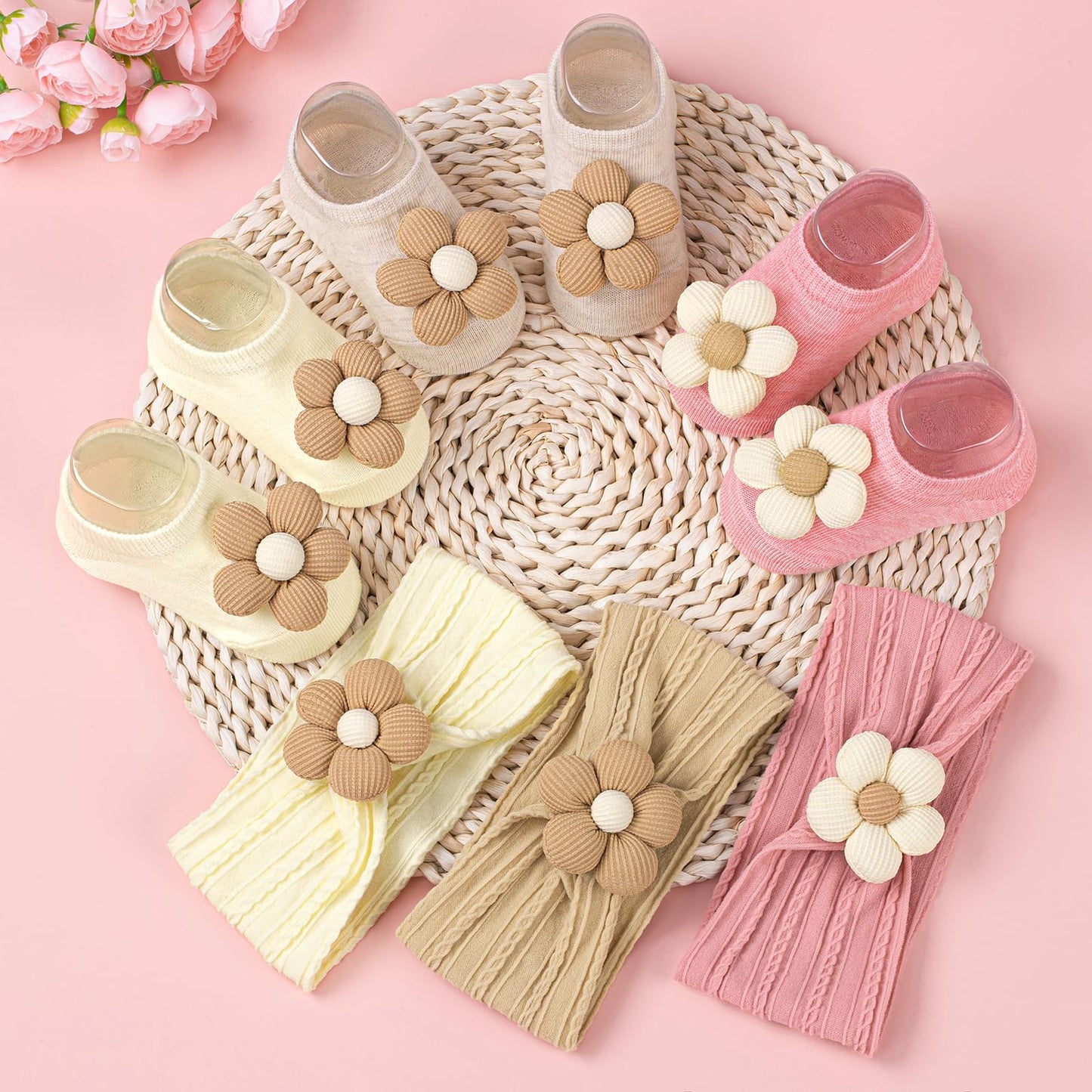 COZYOFFI Baby Flower Headband and Socks: Cute Headband and Socks Sets for Toddler Newborn Infant Girl Pink Khaki Beige