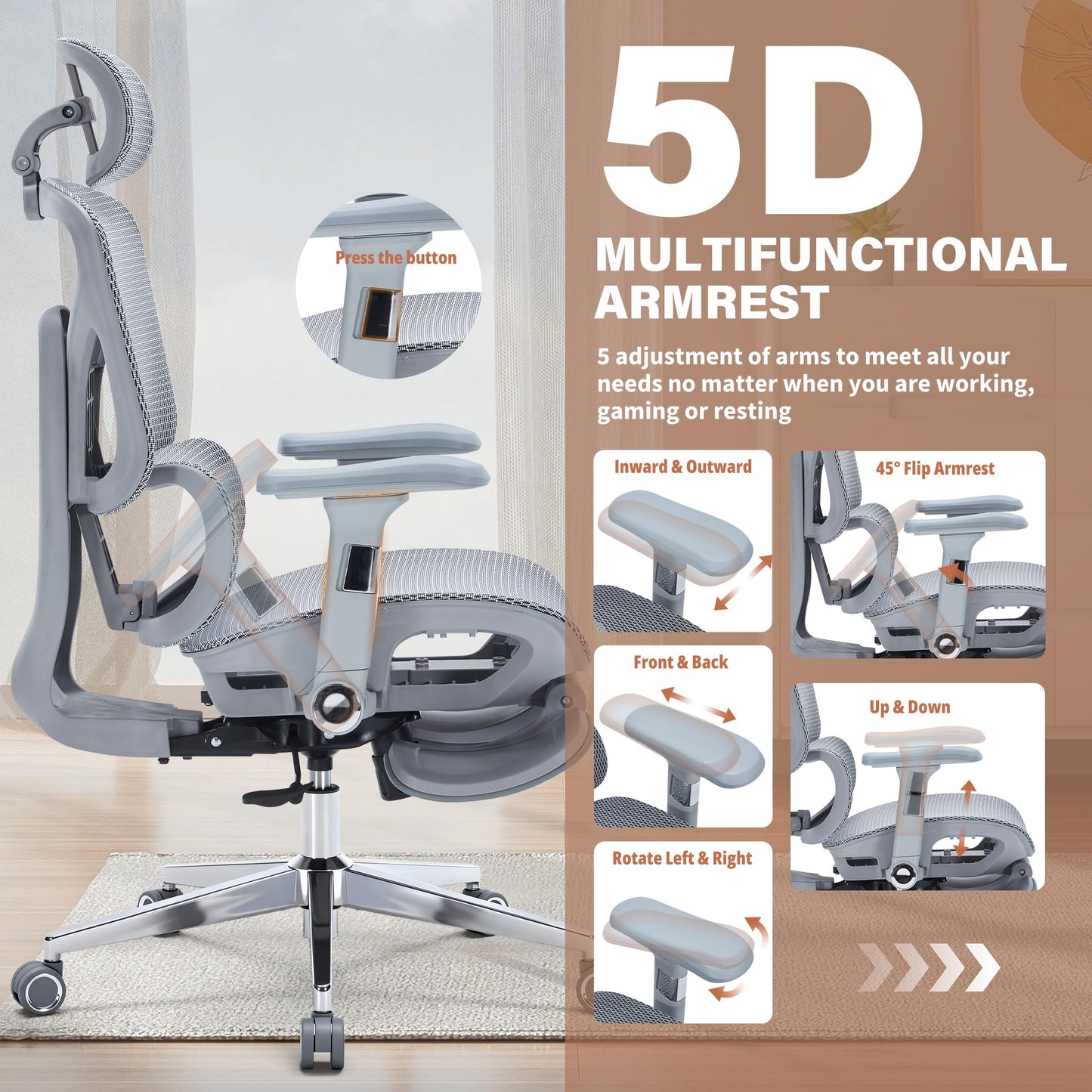 Ergonomic Office Chair with Footrest-Mesh Desk Chair with Adjustable Headrest, 5D Armrests, 3D Lumbar Support & Adjustable Backrest, High Back Swivel Computer Chairs, Heavy Duty Metal Base 400lbs