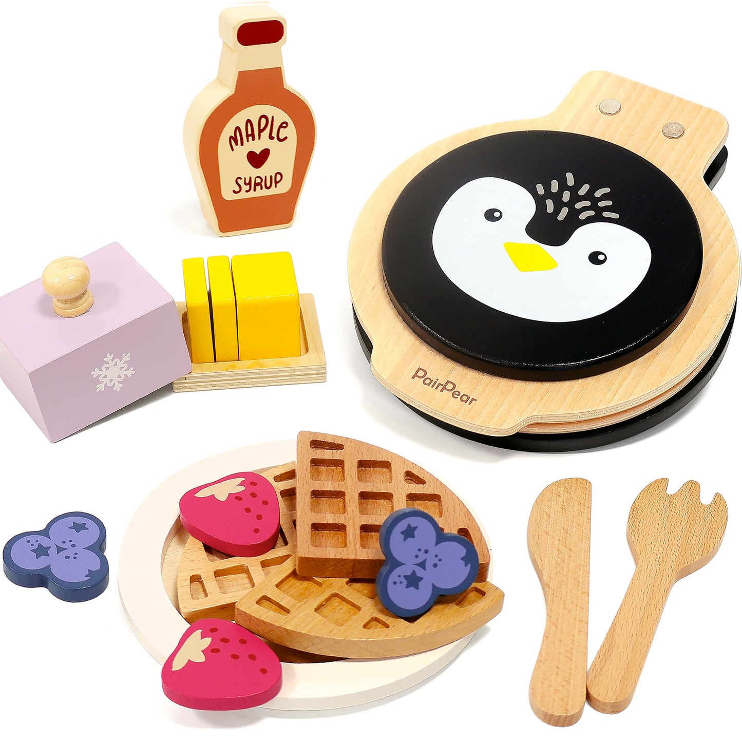 PairPear Wooden Waffle Maker Toy Food Playset, Kids Pretend Play Food Kitchen Accessories, Wooden Cooking Toy Baking Playset, Toddler Play Breakfast Brunch Tea Sets Cutting Food Gift for Girls Boys 3+