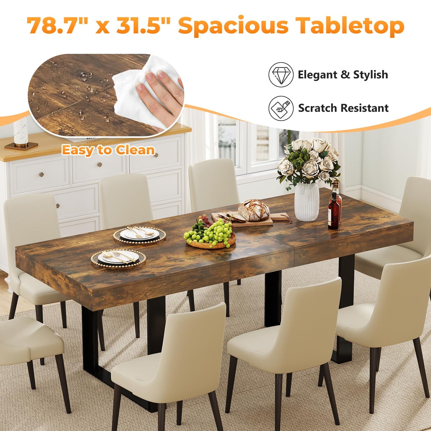 Zevemomo 63"-78.7" Rectangular Extendable Dining Table, 6-8 Extendable Dining Table, Conference Table, Kitchen Table with Slide Track, Tapered U-Shaped Wood Legs for Office, Living Room-Rustic Brown