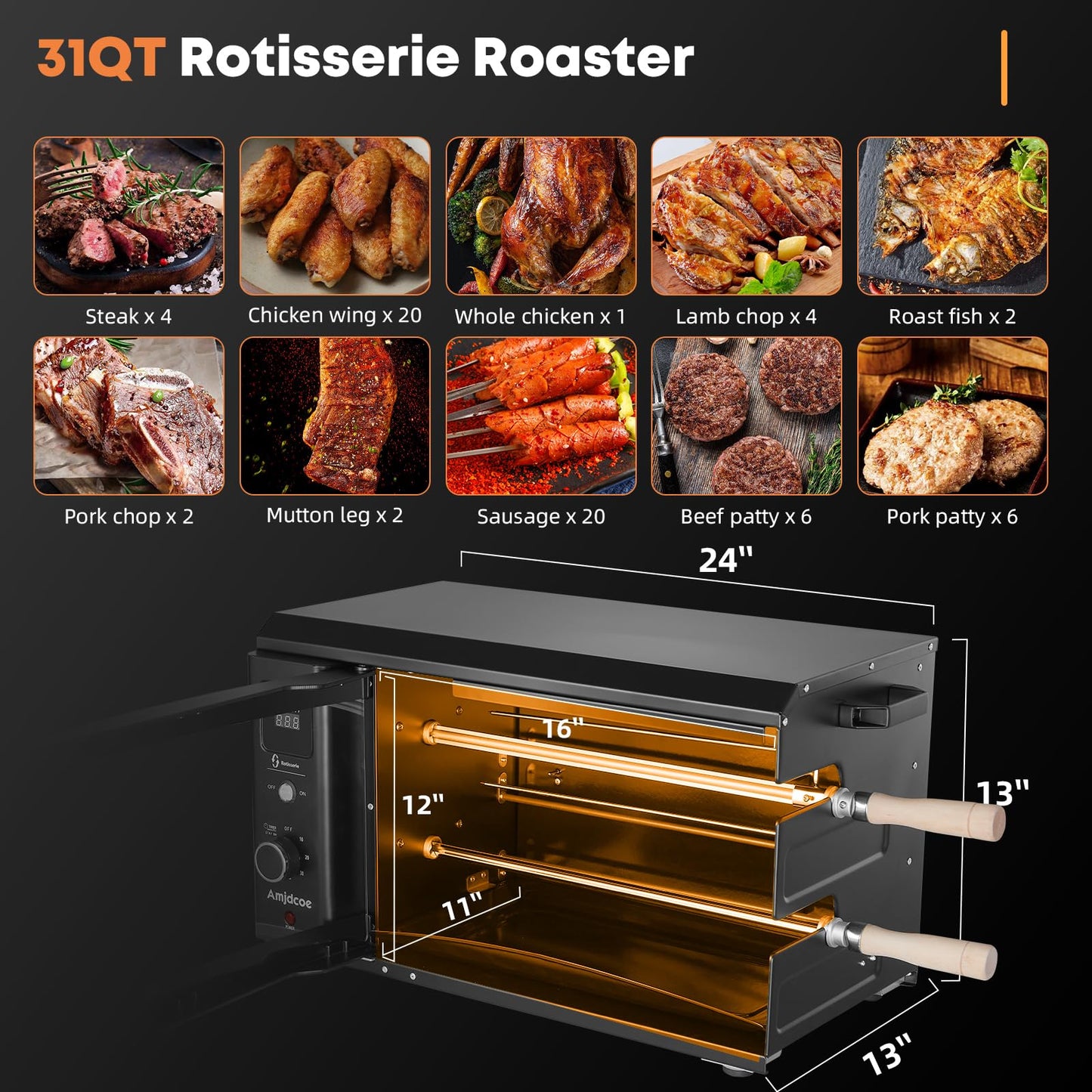 Amjdcoe Electric Rotisserie Grill Indoor with Auto-Rotating Skewers, 31 QT Smoke-Free Rotisserie Oven with Timer for Brazilian Picanha BBQ, Churrasco, Black