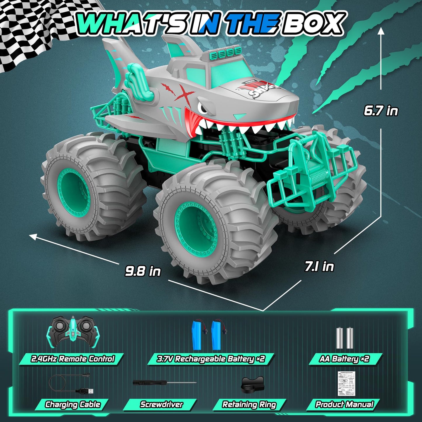 Salazaza Waterproof Shark Remote Control Car, 1:16 Amphibious RC Cars 4WD All Terrain Off Road Monster Trucks Toys, RC Truck Toys for Kids 3-5 6-8 8-12 Year Old Boy Birthday Gift, Gray