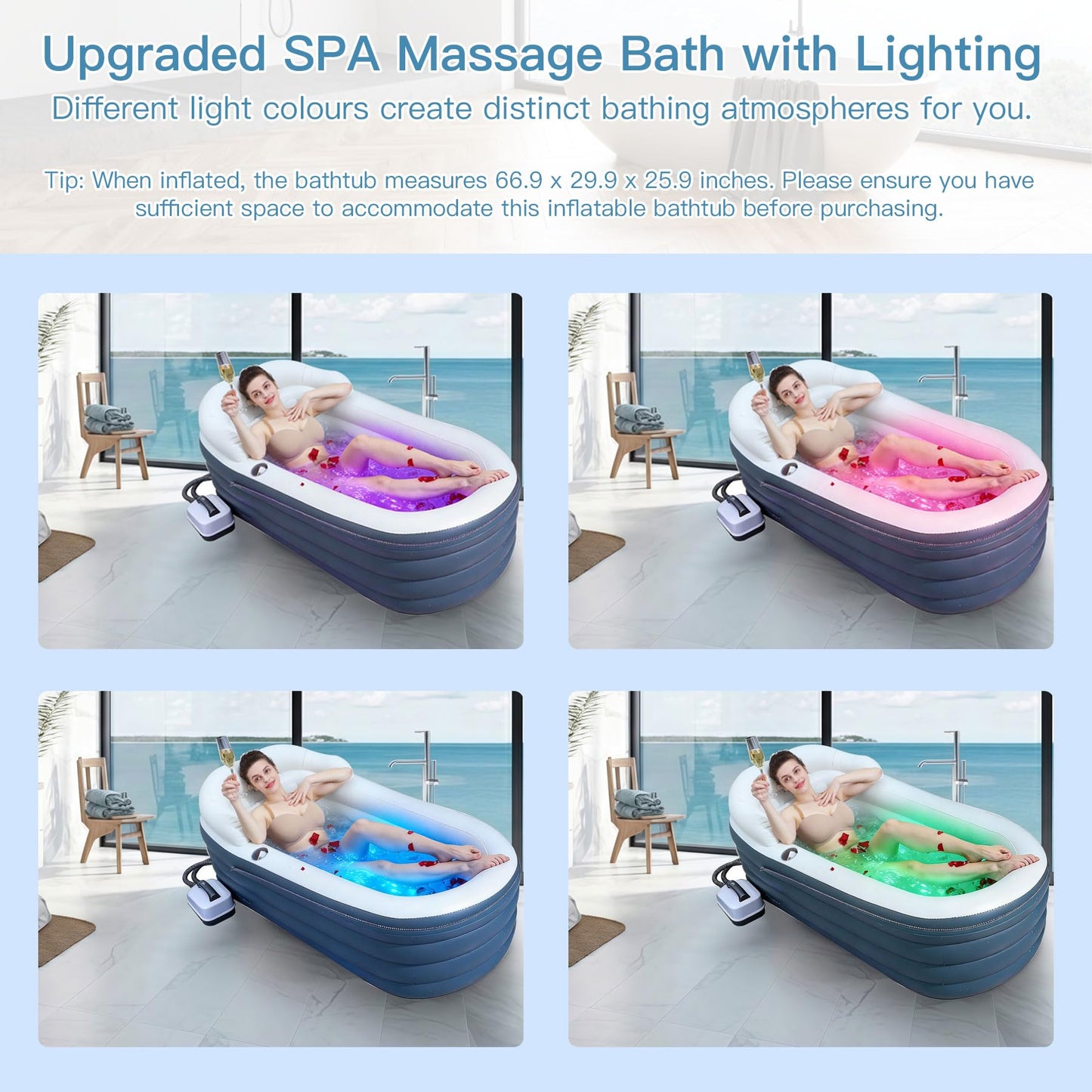 Inflatable Bathtub Bubble Massage Mat, Portable Adult Spa Bathtub, All-in-one Wavemaker and Air Pump, Adjustable Bubble Settings - Includes Remote Control, Inflatable Backrest and Atmosphere Lighting