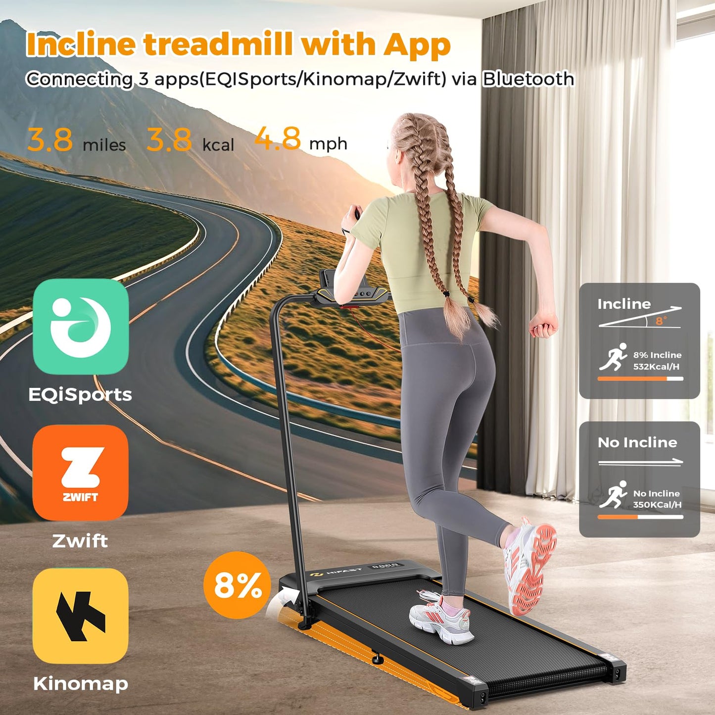 HiFast Walking Pad Treadmill, 3 in 1 Foldable Under Desk Treadmills for Home Office, Small Walking Pad with Incline Handle Bar, 300lbs Capacity 2.5HP Portable Running Machine with APP Remote Control