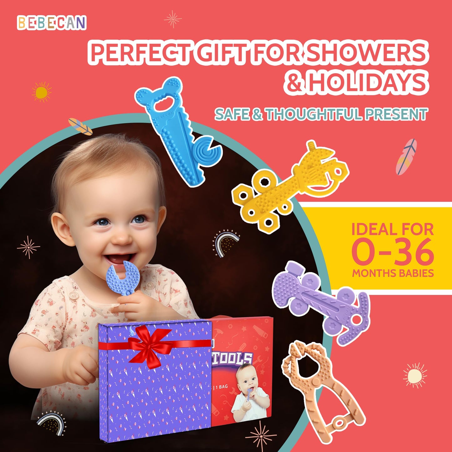 BEBECAN Teething Tools Teether for Baby - 5 Premium Food-Grade Silicone Baby Boy Teething Toys, 2 Straps for Safety and Travel Bag Tool Toys Provide Soothing Relief and Healthy Development.