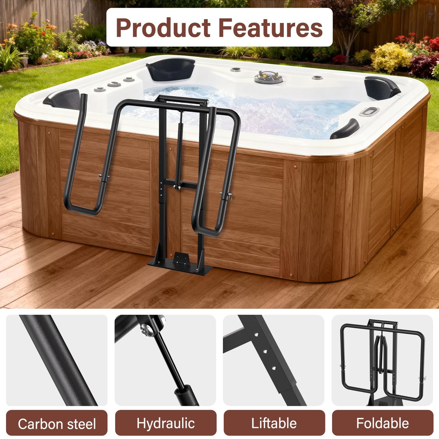 Aluminum Hydraulic Hot Tub Cover Lift, U-Shaped Bottom Insert Spa Cover Lifter, Adjustable Height from 25" to 39", Suitable for Round, Square and Other Shaped spas