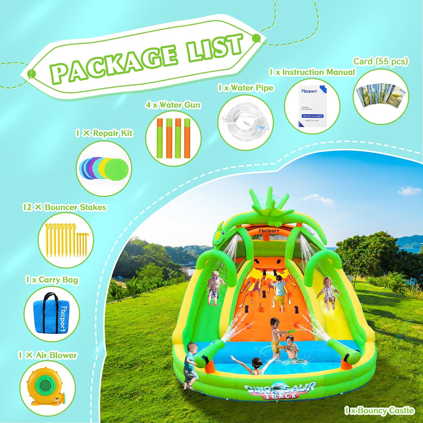 FBSPORT Inflatable Bounce House for Kids, Indoor Bounce House with Slide, Climbing, Water Guns, Bouncy Castle for Park Backyard Outdoor Indoor (with Blower)