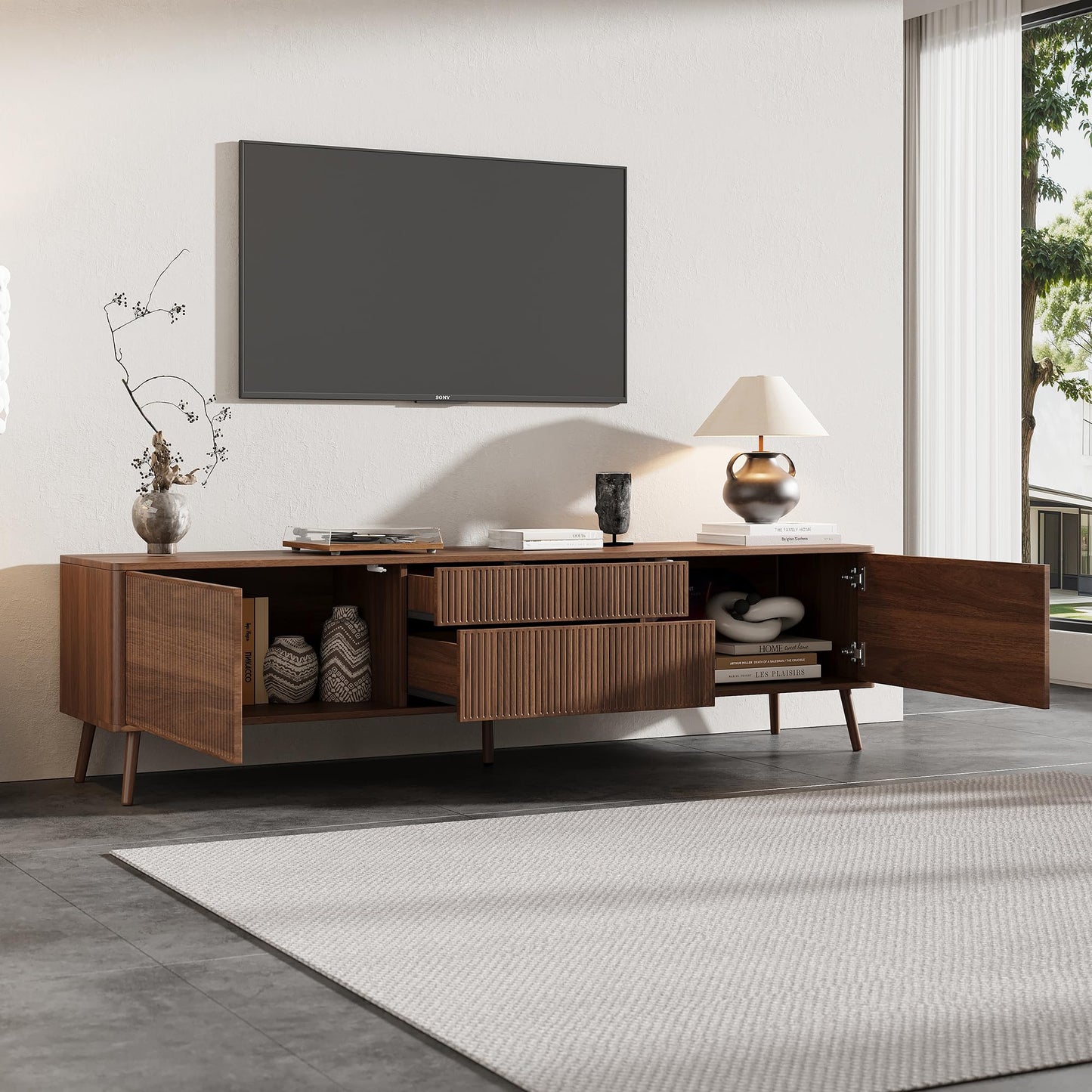 Merax 70 inch Fluted TV Stand with Storage Drawers and Cabinets for TVs up to 80", Modern Entertainment Center with Cable Management, Solid Wood Legs, Soft-Close Hinges, for Living Room, Walnut