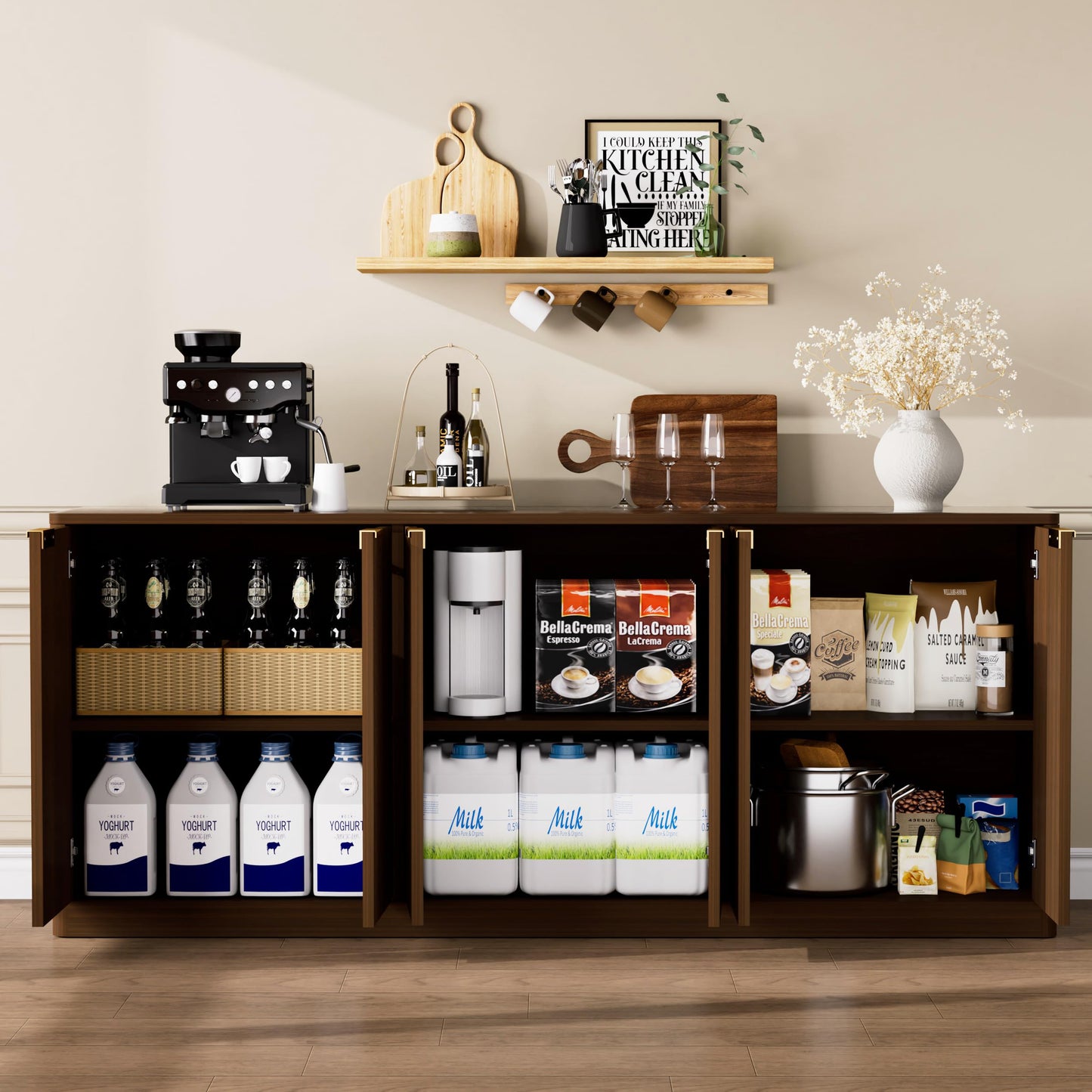 Ball & Cast 67" Fluted Walnut Buffet Cabinet Sideboard with Storage, Large Accent Cabinet with 6 Doors,Wood Mid Century Modern Sideboard for Living Room and Kitchen (67" W*27.7" H*15.7" D)