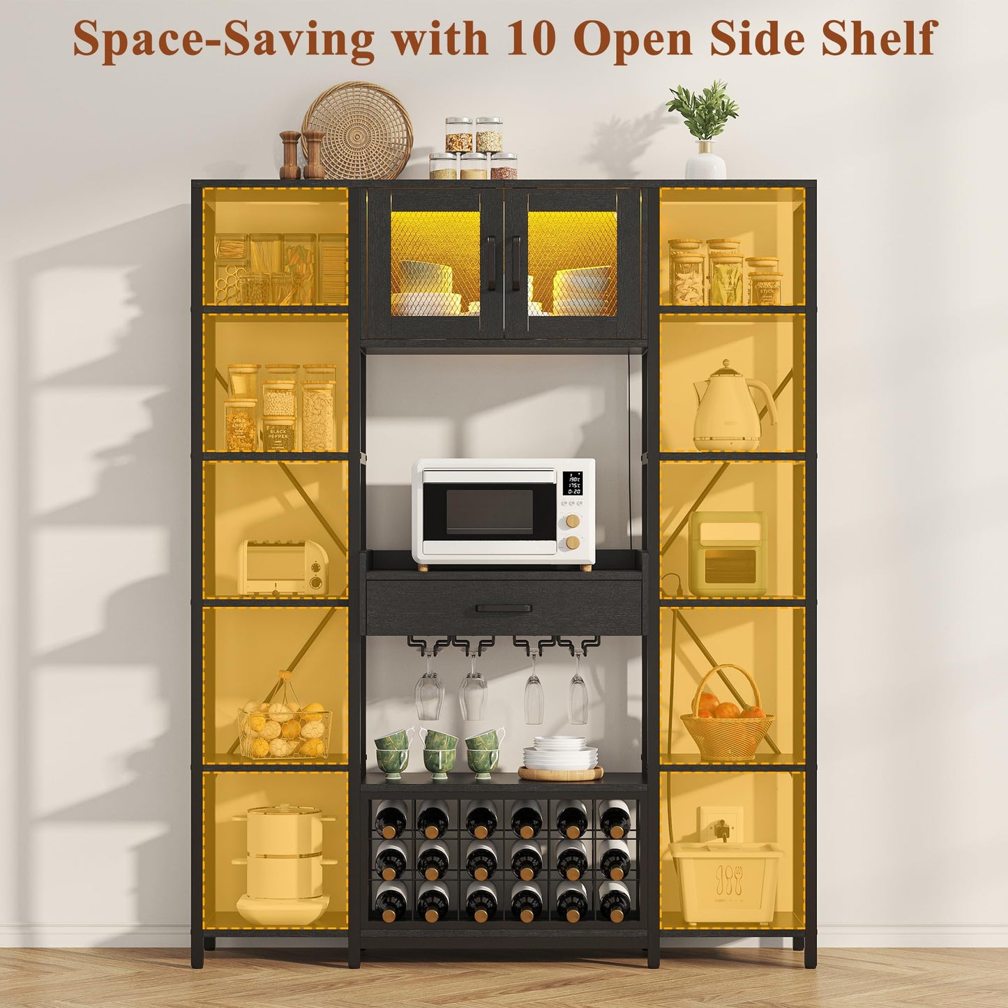Semoic Wine Bar Cabinet with LED Lights, 65.35'' Tall Industry Coffee Bar Cabinet with Drawer and Power Outlets, Kitchen Microwave Stand Bakers Rack Cabinet for Liquor and Goblet, Black (Brown)